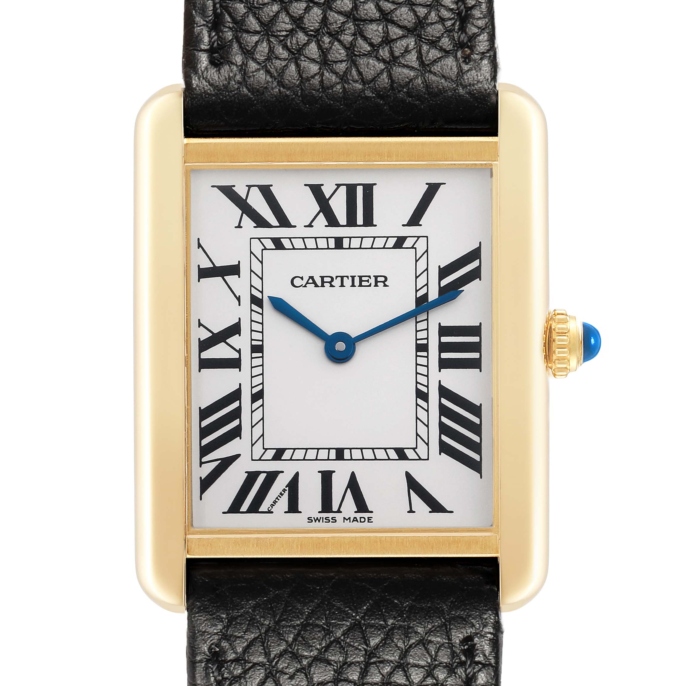 The Cartier Tank Solo W5200004 Men
s Steel and Gold (two tone) Silver Dial watch is shown from a front angle, highlighting its rectangular face with Roman numerals and leather strap.