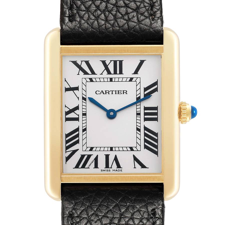 The Cartier Tank Solo W5200004 Men's Steel and Gold (two tone) Silver Dial watch is shown from a front angle, highlighting its rectangular face with Roman numerals and leather strap.