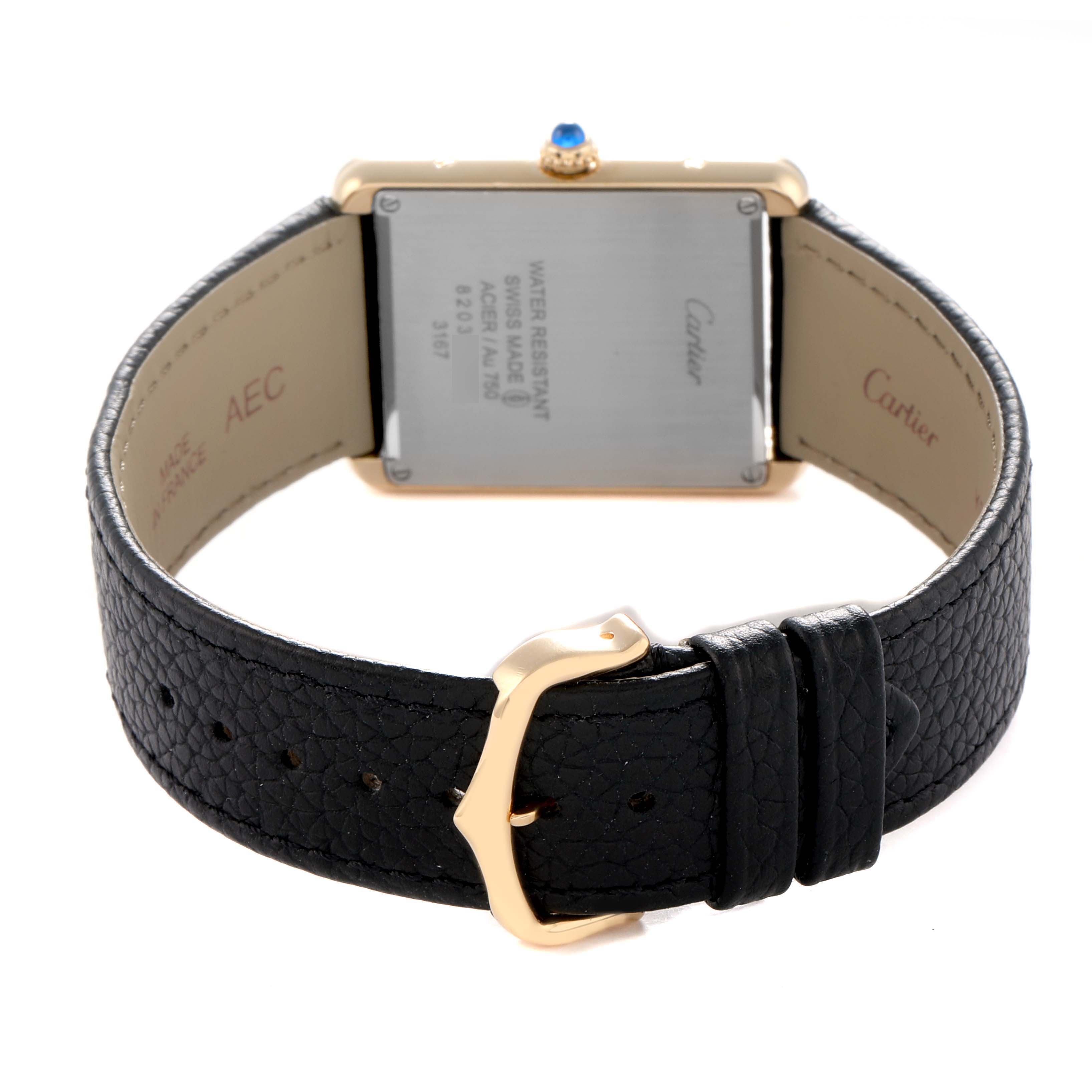 The image shows the back view of the Cartier Tank Solo W5200004 Men
s Steel and Gold (two tone) Silver Dial watch, highlighting the case back, buckle, and strap.