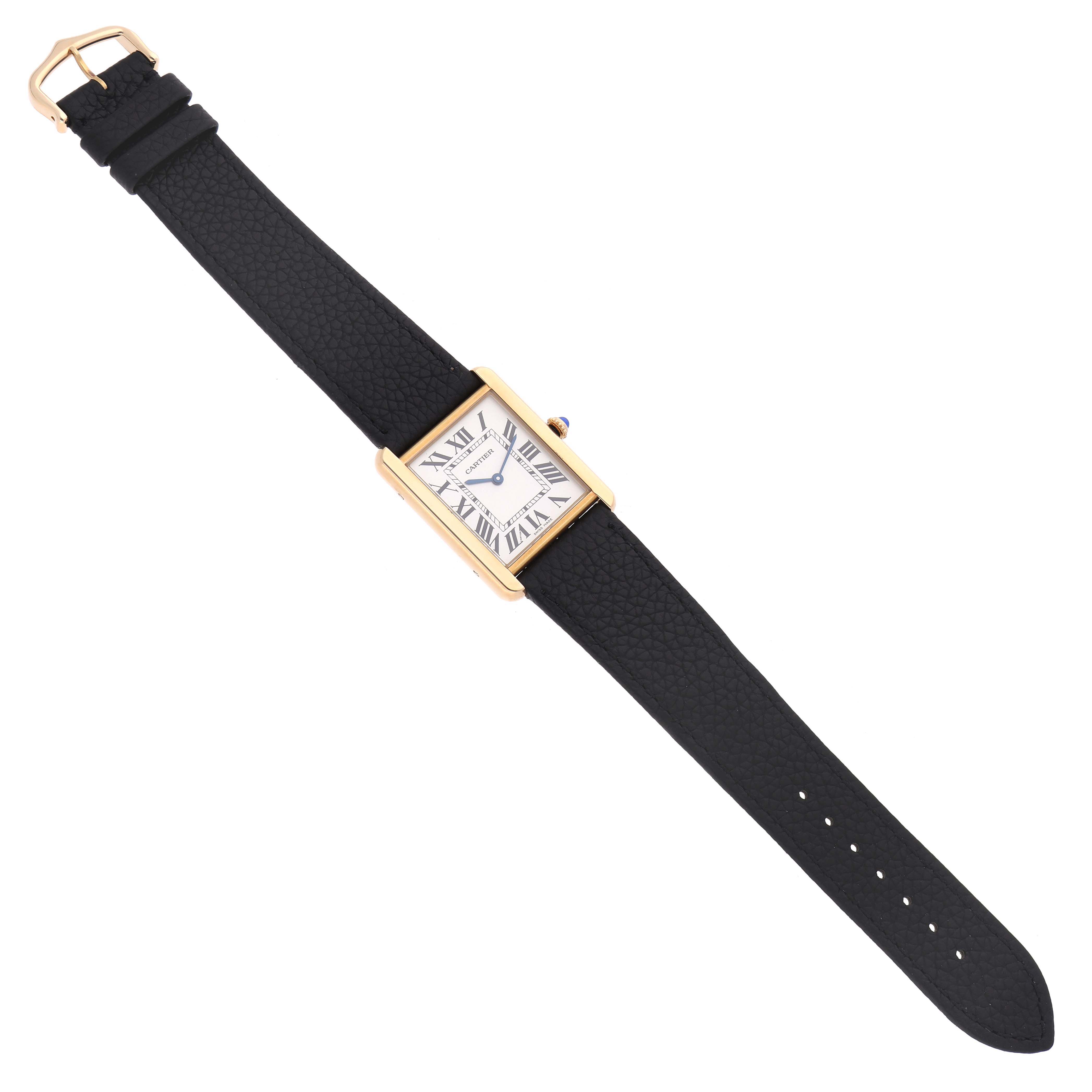 The Cartier Tank Solo W5200004 Men
s Steel and Gold (two tone) Silver Dial watch is shown from an overhead angle displaying its rectangular case, dial, and leather strap.