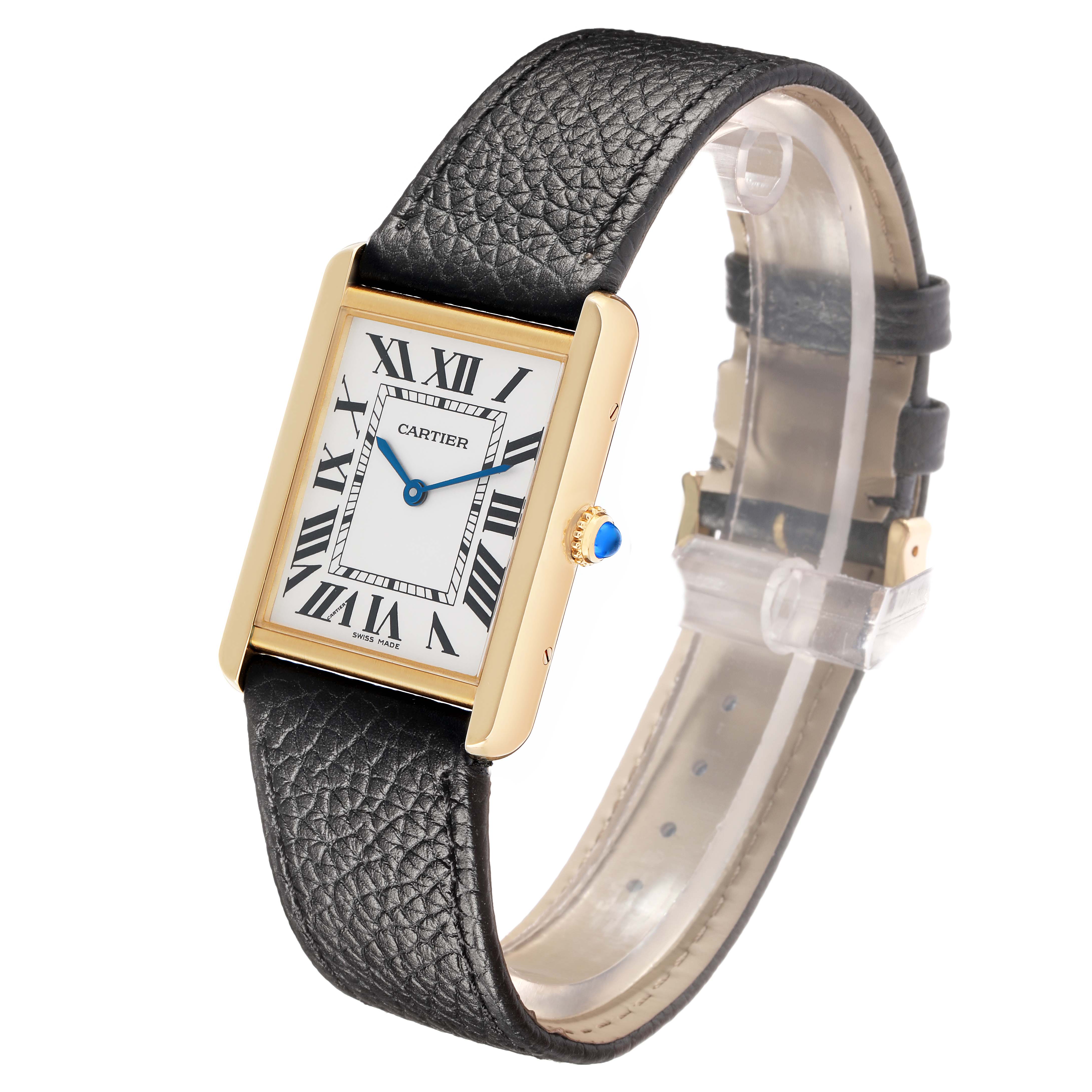 The Cartier Tank Solo W5200004 Men
s Steel and Gold (two tone) Silver Dial watch is shown at a three-quarter angle, displaying its face, crown, and leather strap.