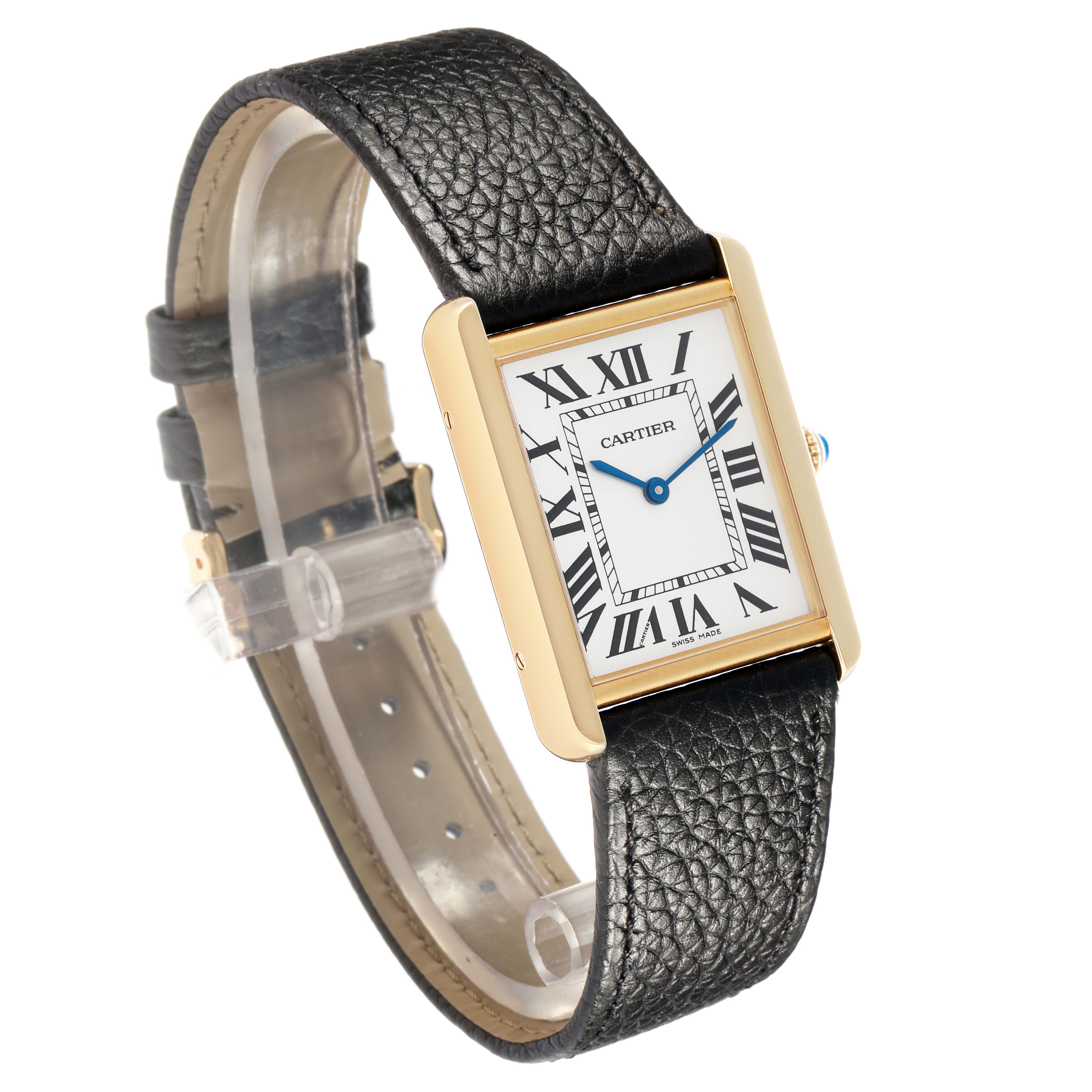 The Cartier Tank Solo W5200004 Men
s Steel and Gold (two tone) Silver Dial watch is shown at a slight angle, displaying the face, case, leather strap, and buckle.