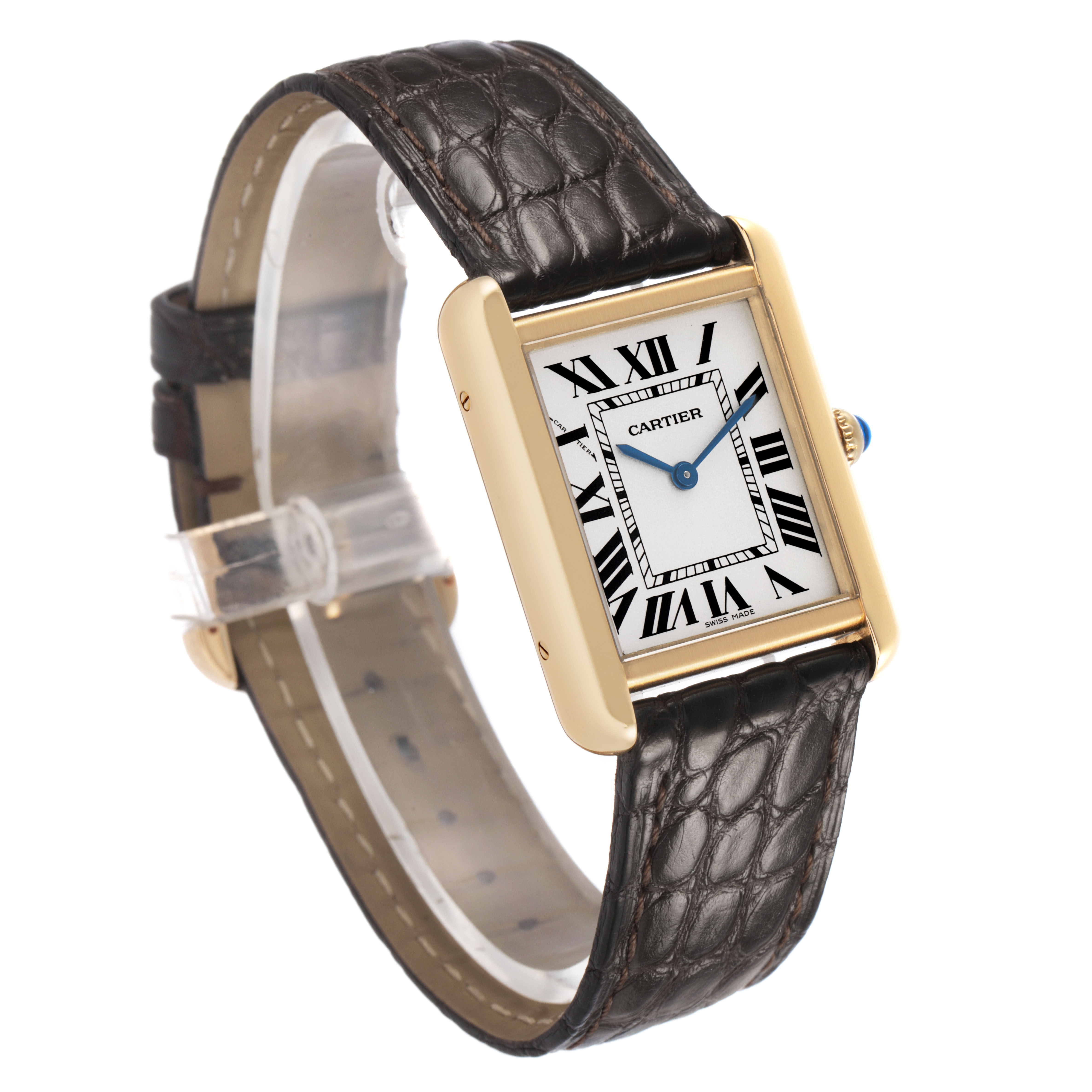 The Cartier Tank Solo W1018755 Women's Yellow Gold Silver Dial watch is shown at an angle highlighting its face, strap, and crown.