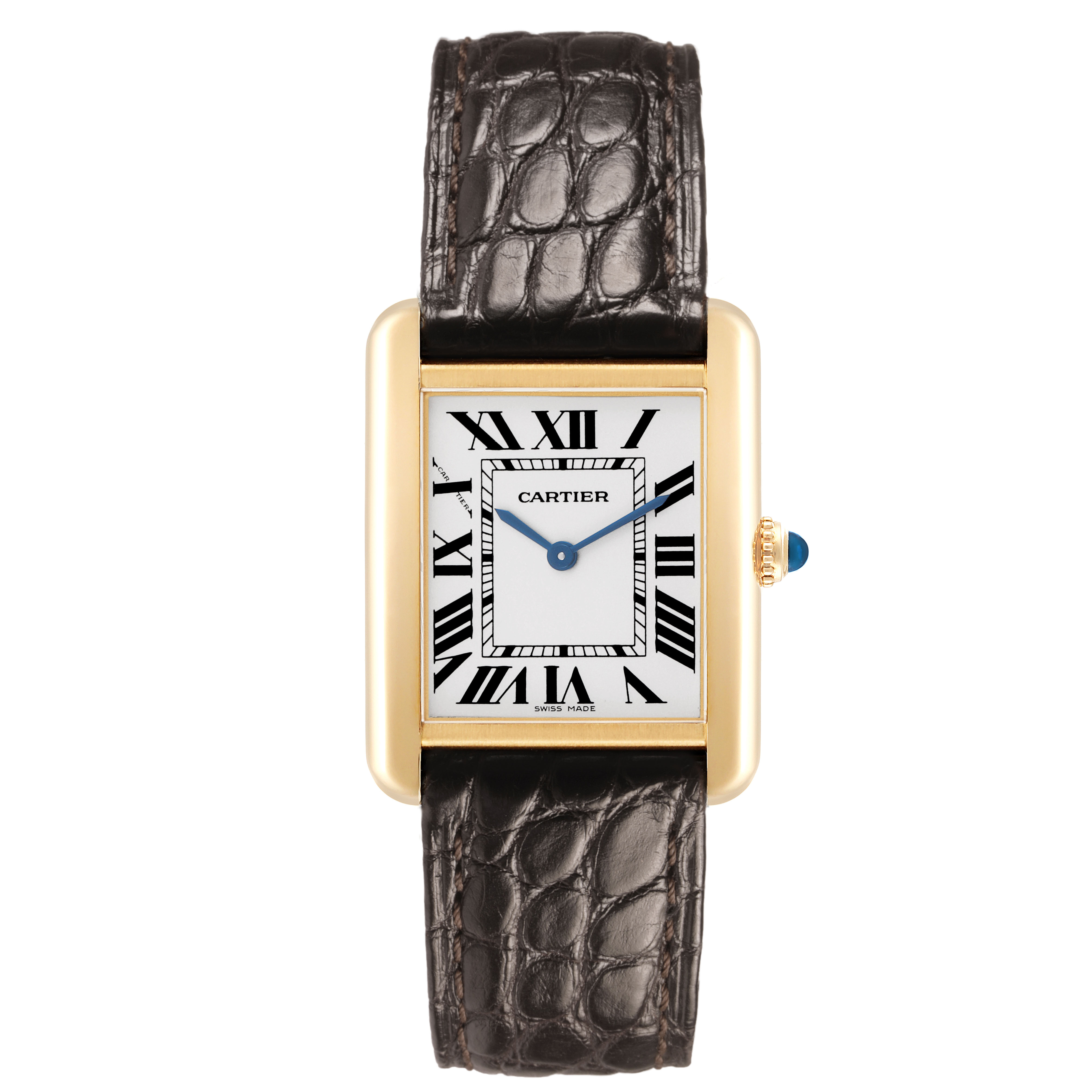 The Cartier Tank Solo W1018755 Women's Yellow Gold Silver Dial watch is shown from the front, displaying its rectangular face, gold case, and black leather strap.