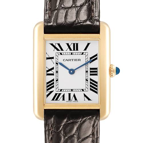 The Cartier Tank Solo W1018755 Women's Yellow Gold Silver Dial watch is shown from the front, highlighting the face, Roman numerals, gold case, and leather strap.