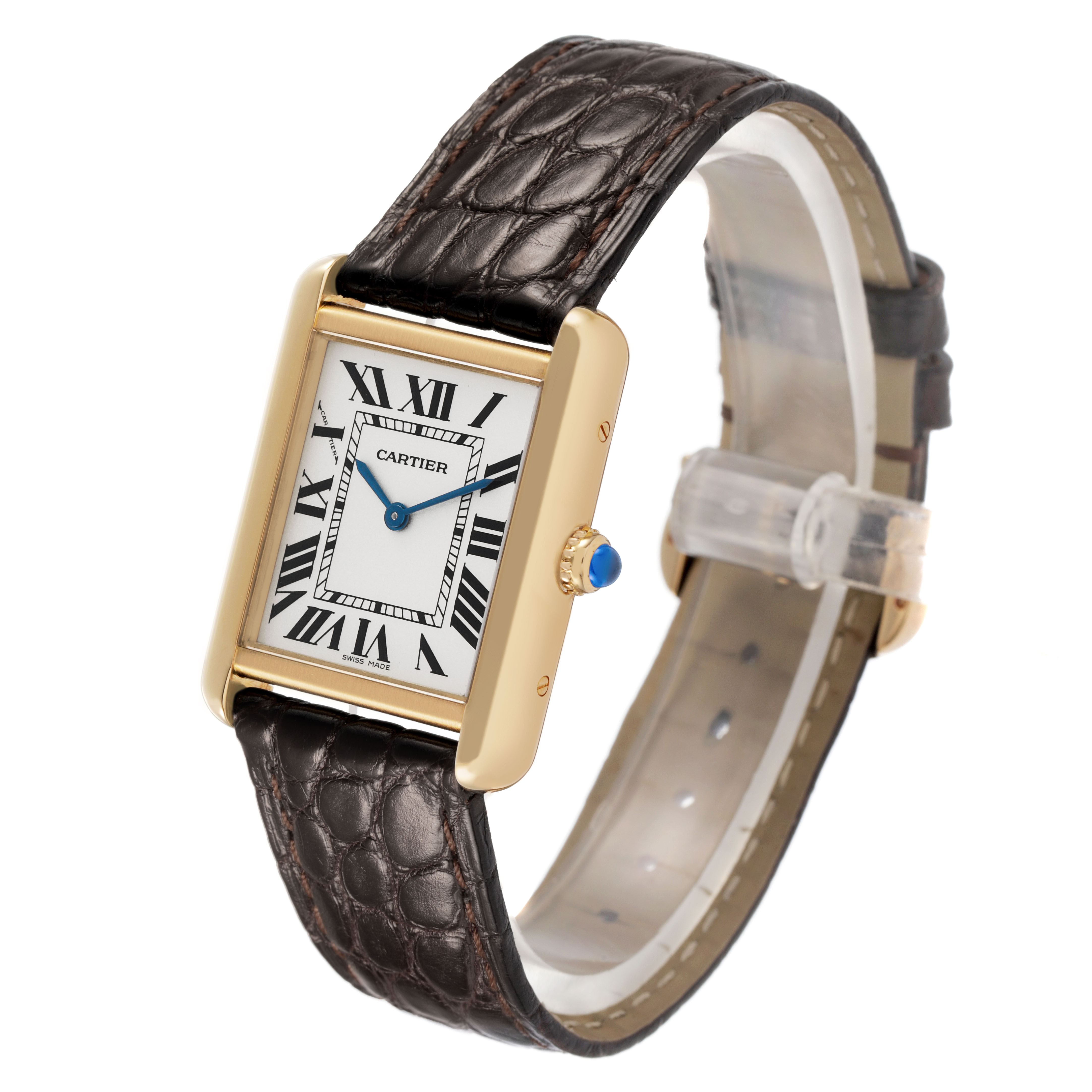 The Cartier Tank Solo W1018755 Women's Yellow Gold Silver Dial watch is shown from an angled side view, highlighting its rectangular face, gold case, and leather strap.