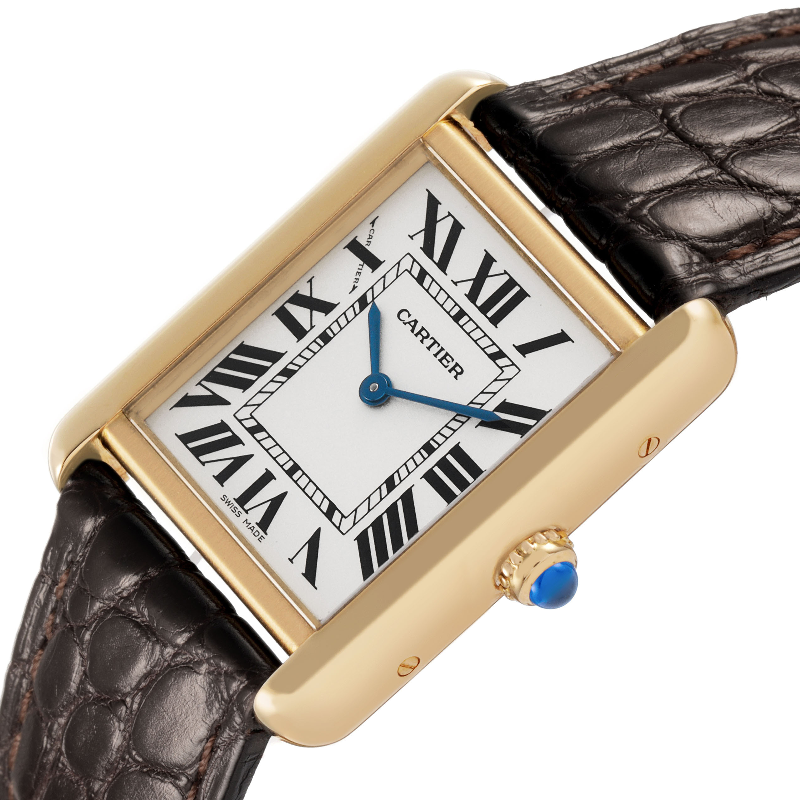 The Cartier Tank Solo W1018755 Women's Yellow Gold Silver Dial watch is shown at a slight angle, featuring its rectangular face, Roman numerals, blue hands, and leather strap.
