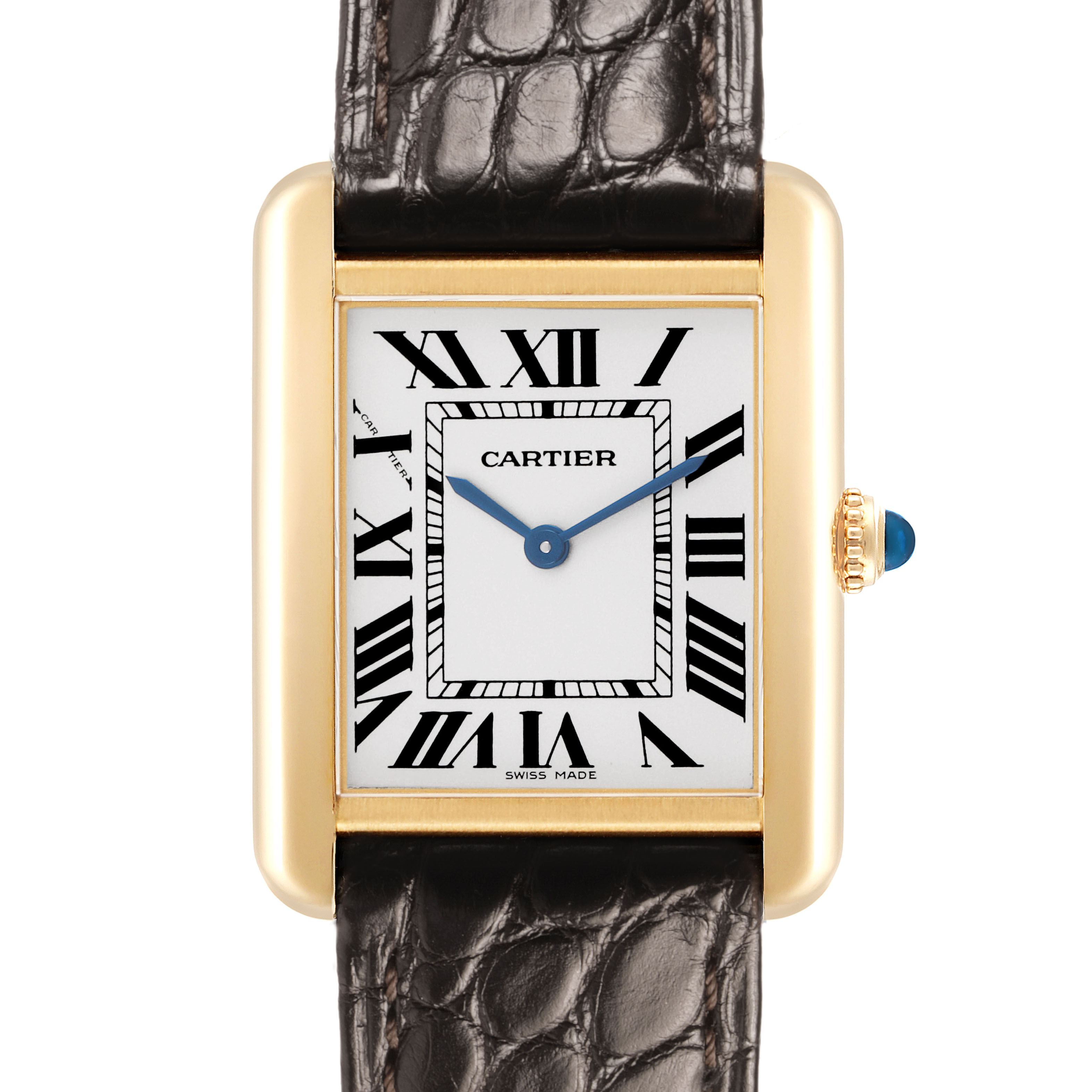 The Cartier Tank Solo W1018755 Women's Yellow Gold Silver Dial watch is shown from the front, displaying its face, Roman numerals, and crown with a blue cabochon.