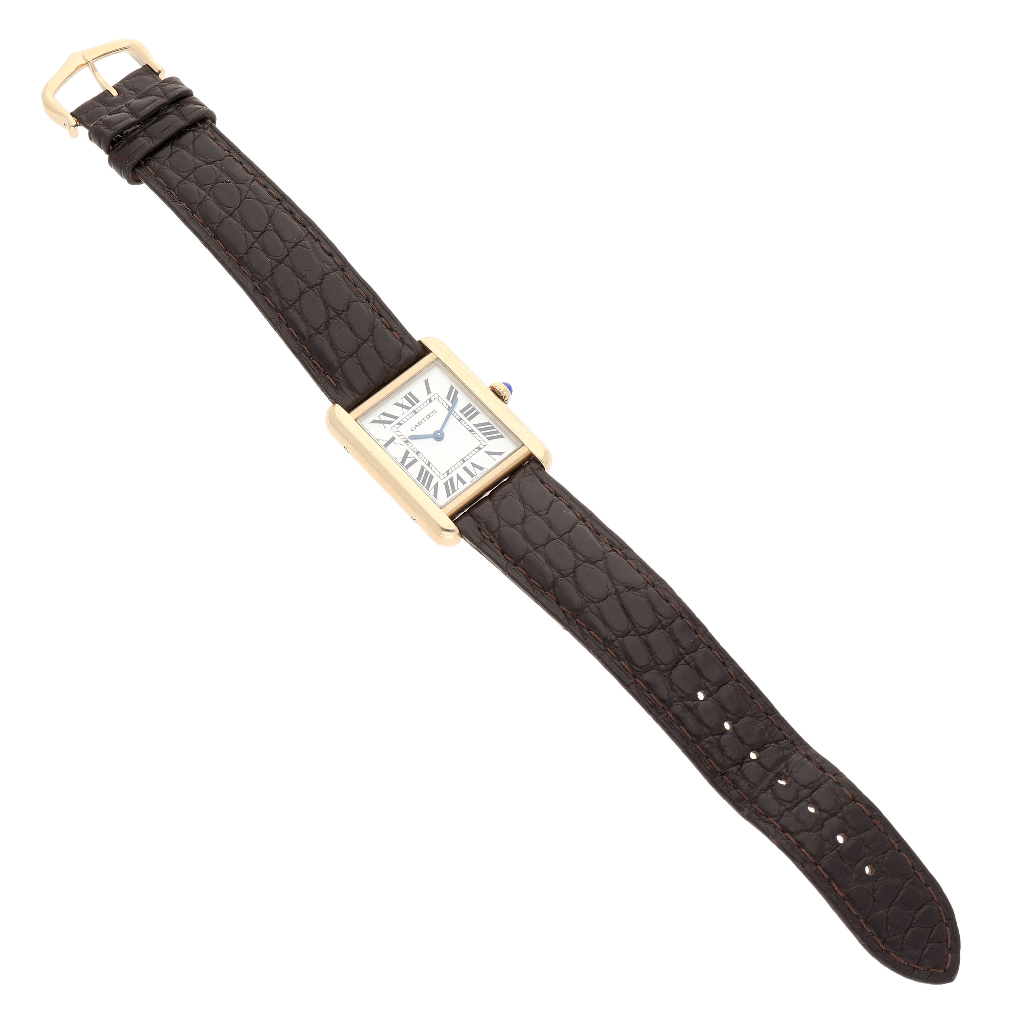 The image shows a Cartier Tank Solo W1018755 Women's Yellow Gold Silver Dial watch from a top view, highlighting its rectangular face and textured leather strap.