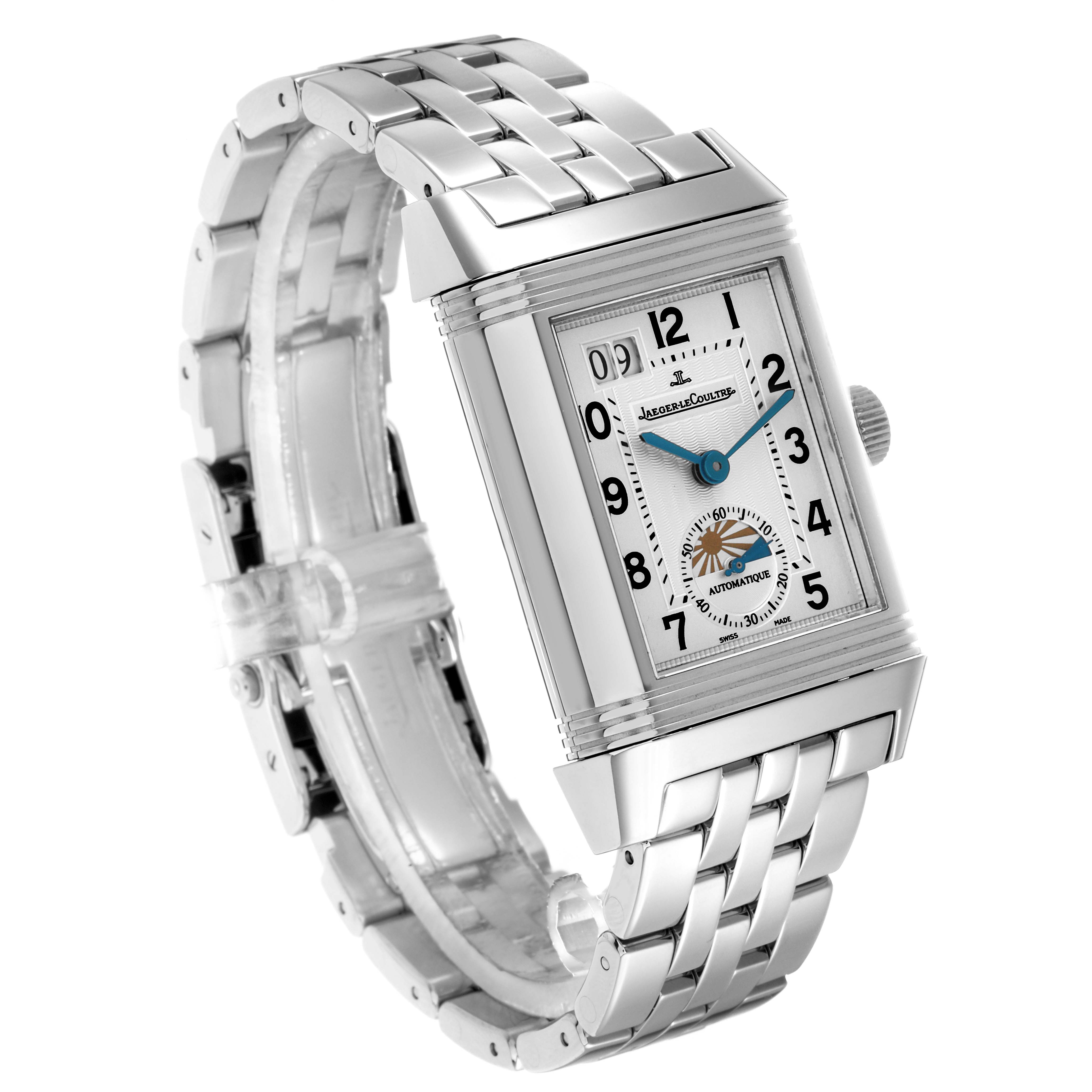 The Jaeger LeCoultre Reverso Q3038120 Men
s Stainless Steel Silver Dial watch is shown at a three-quarter angle, highlighting its rectangular face and stainless steel bracelet.