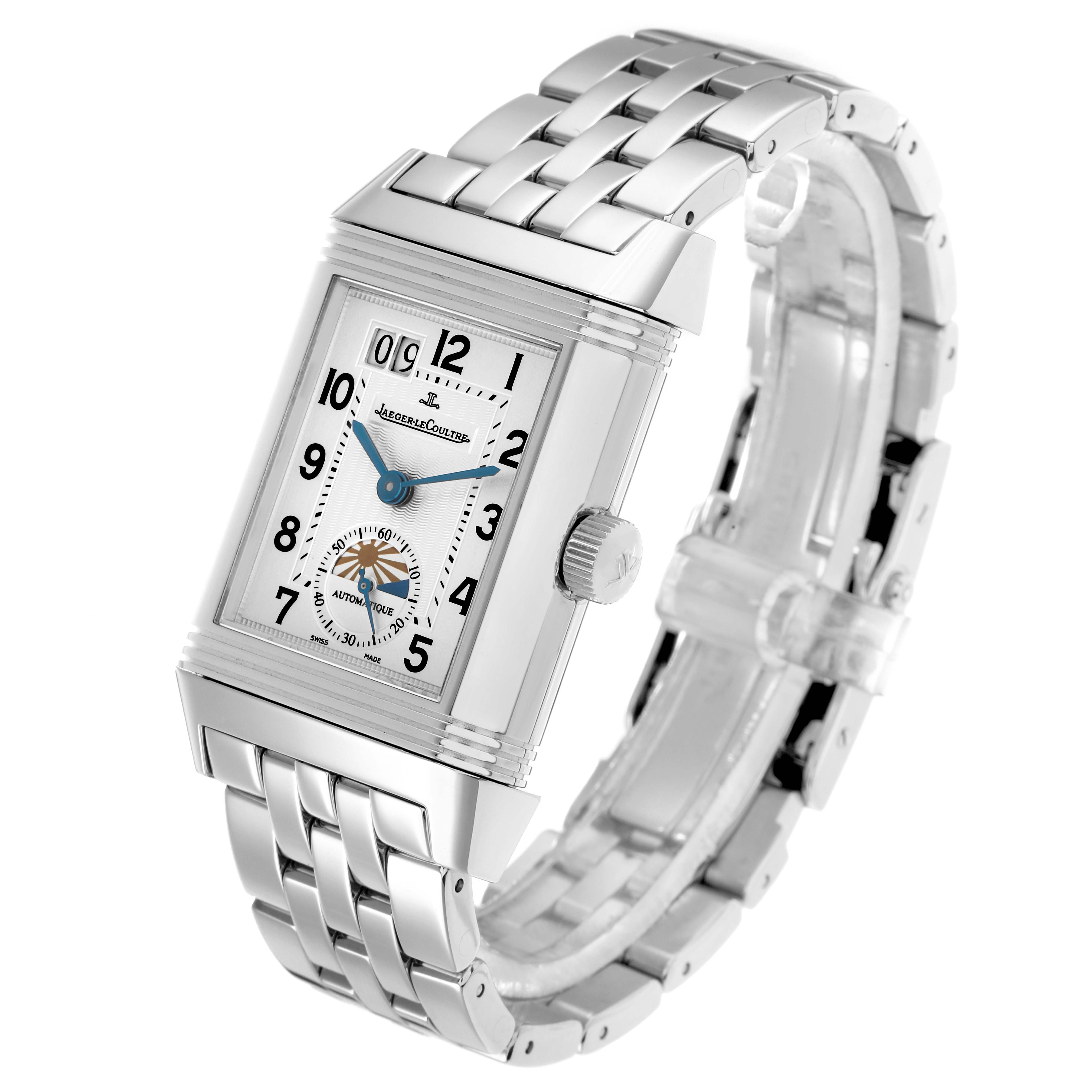 The Jaeger-LeCoultre Reverso watch is shown at a three-quarter angle, displaying the face, crown, and metal bracelet.