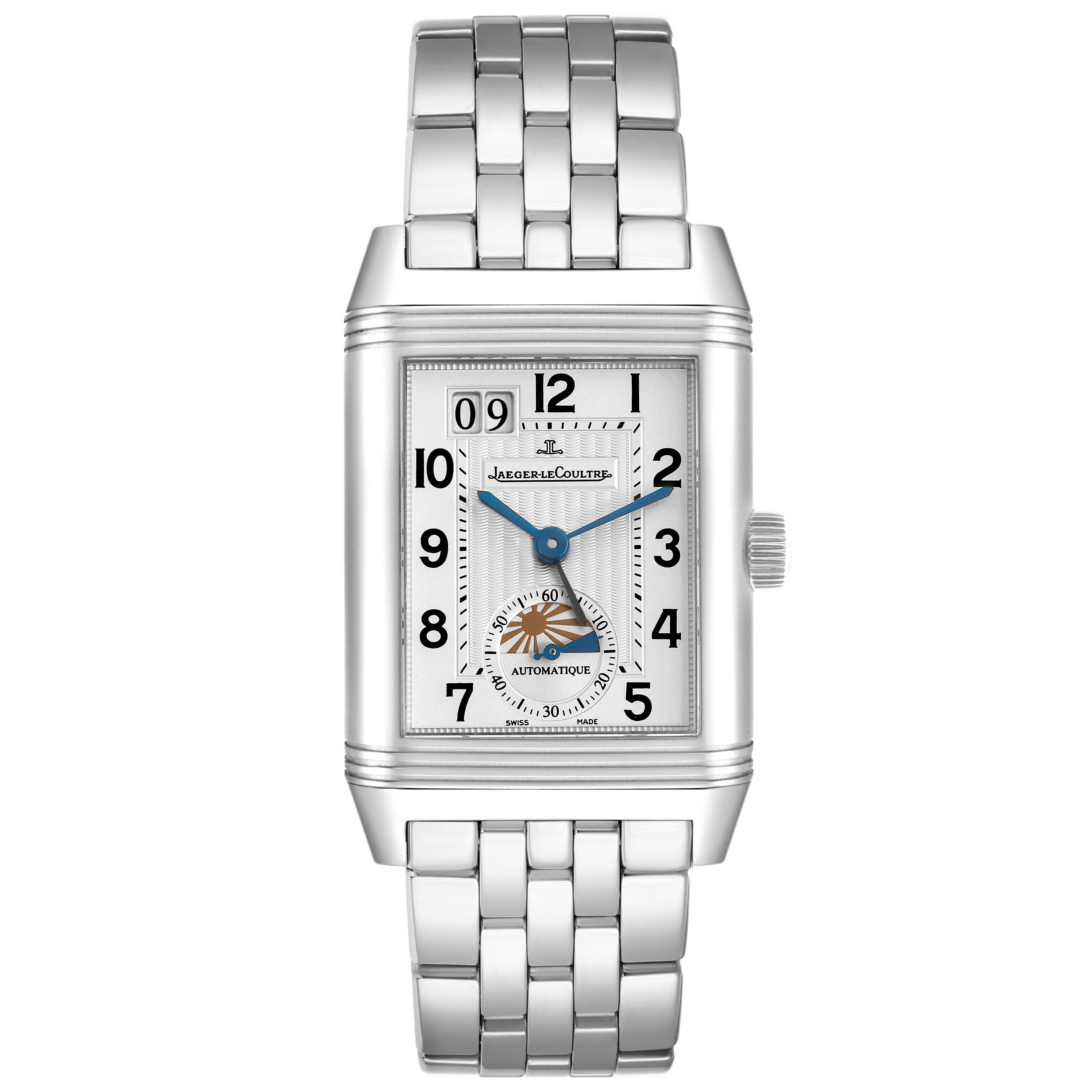 The image shows a Jaeger LeCoultre Reverso Q3038120 Men
s Stainless Steel Silver Dial watch facing front, displaying the dial, hands, and metal bracelet.