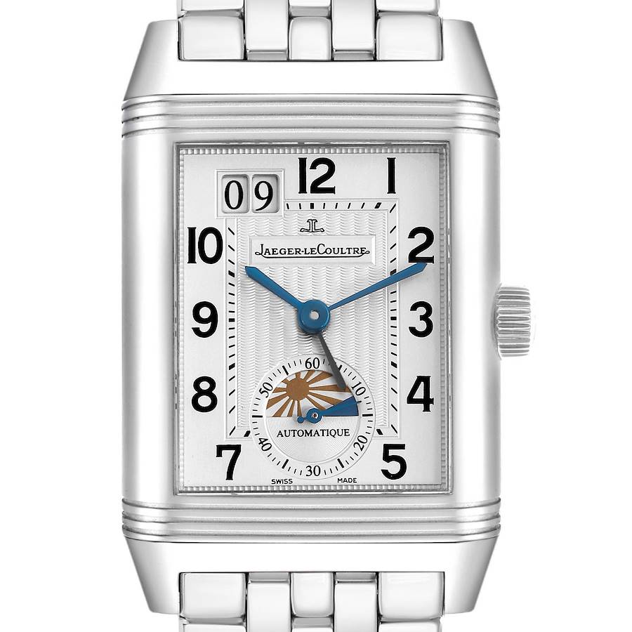 The Jaeger LeCoultre Reverso Q3038120 Men's Stainless Steel Silver Dial watch is shown from the front, displaying its rectangular face and crown on the right side.