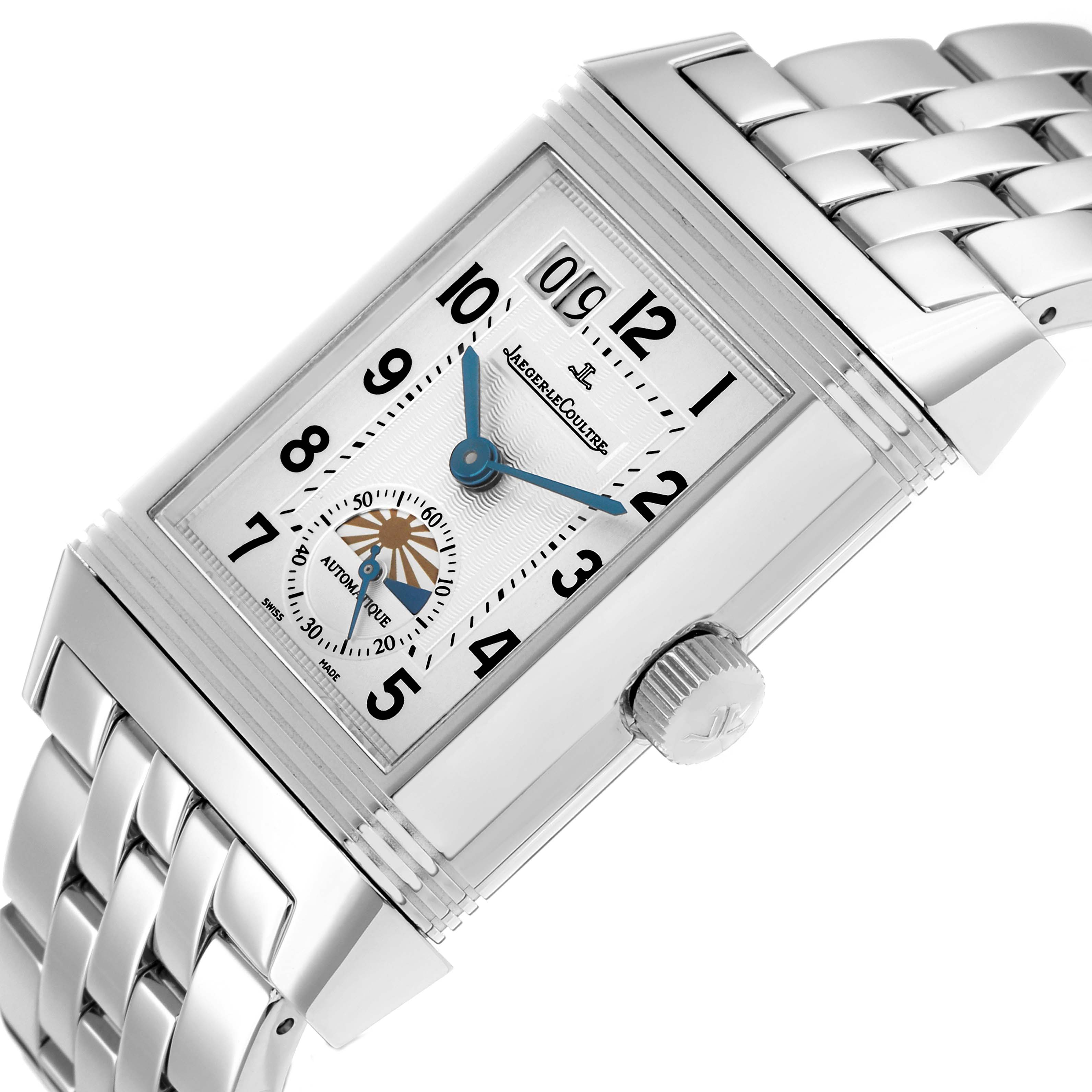The Jaeger-LeCoultre Reverso watch is shown at an angled view, highlighting the rectangular dial, crown, and metal bracelet.