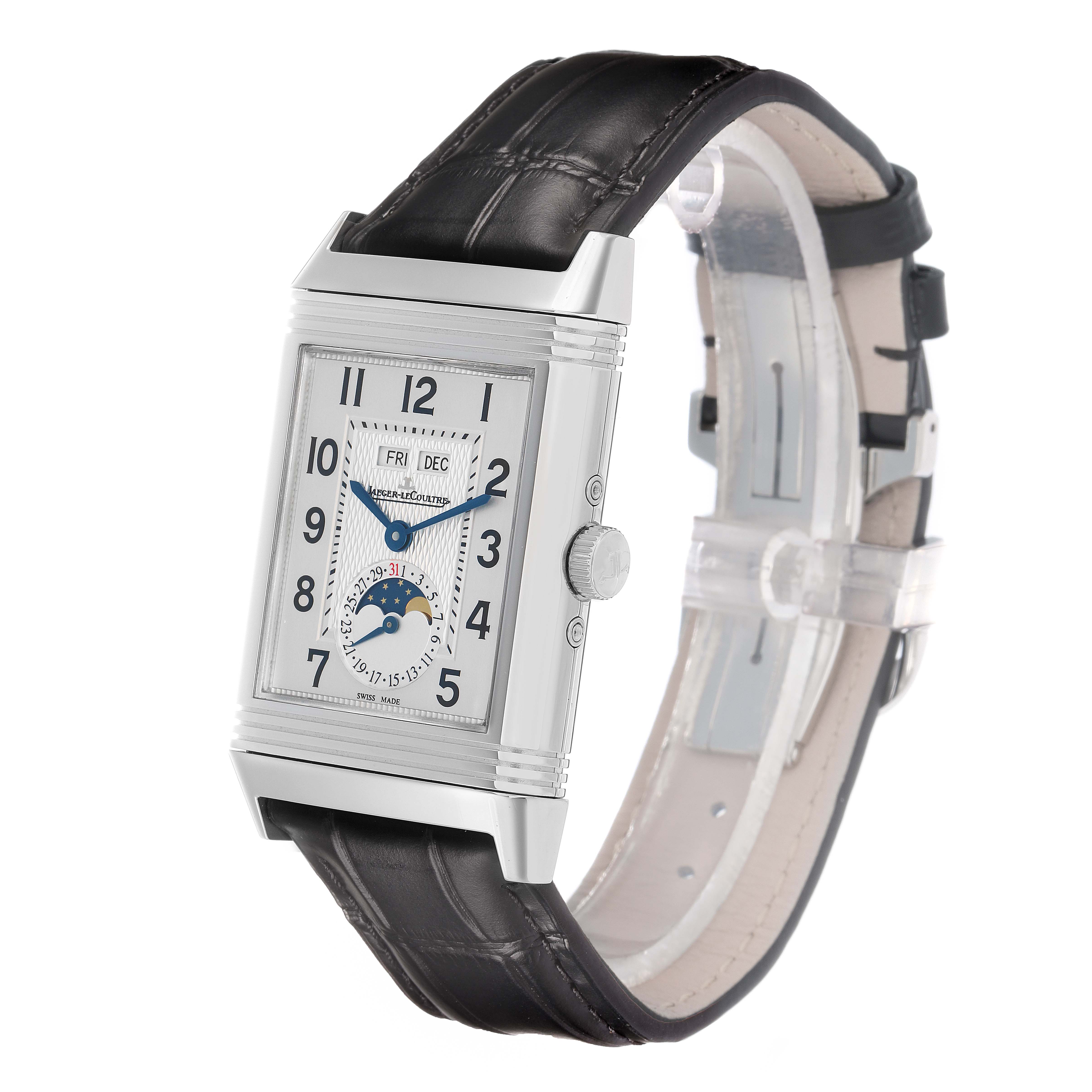 The Jaeger-LeCoultre Reverso model is shown in a three-quarter view highlighting its rectangular case, crown, and leather strap.