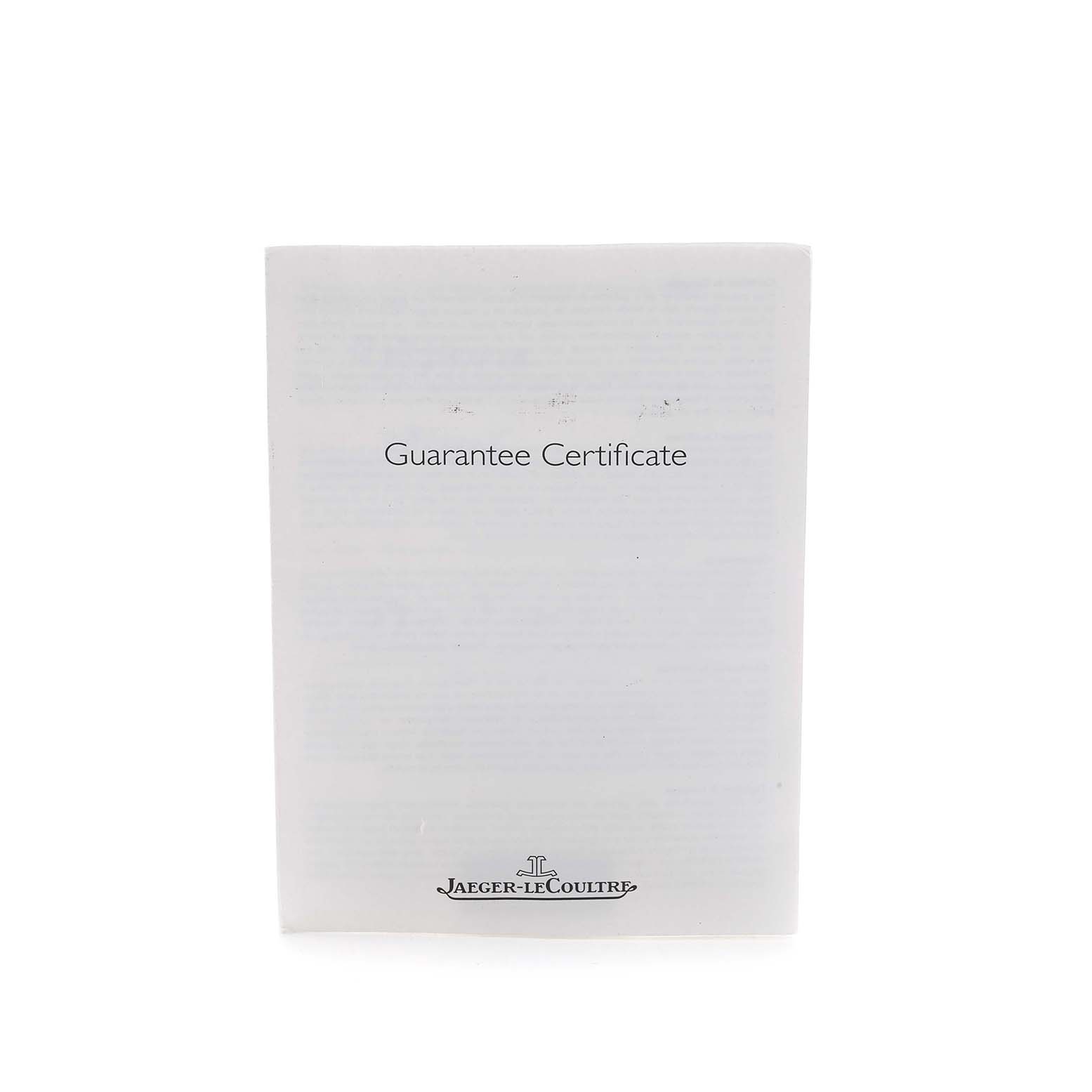 The image shows a Jaeger-LeCoultre Reverso model guarantee certificate from a front angle.