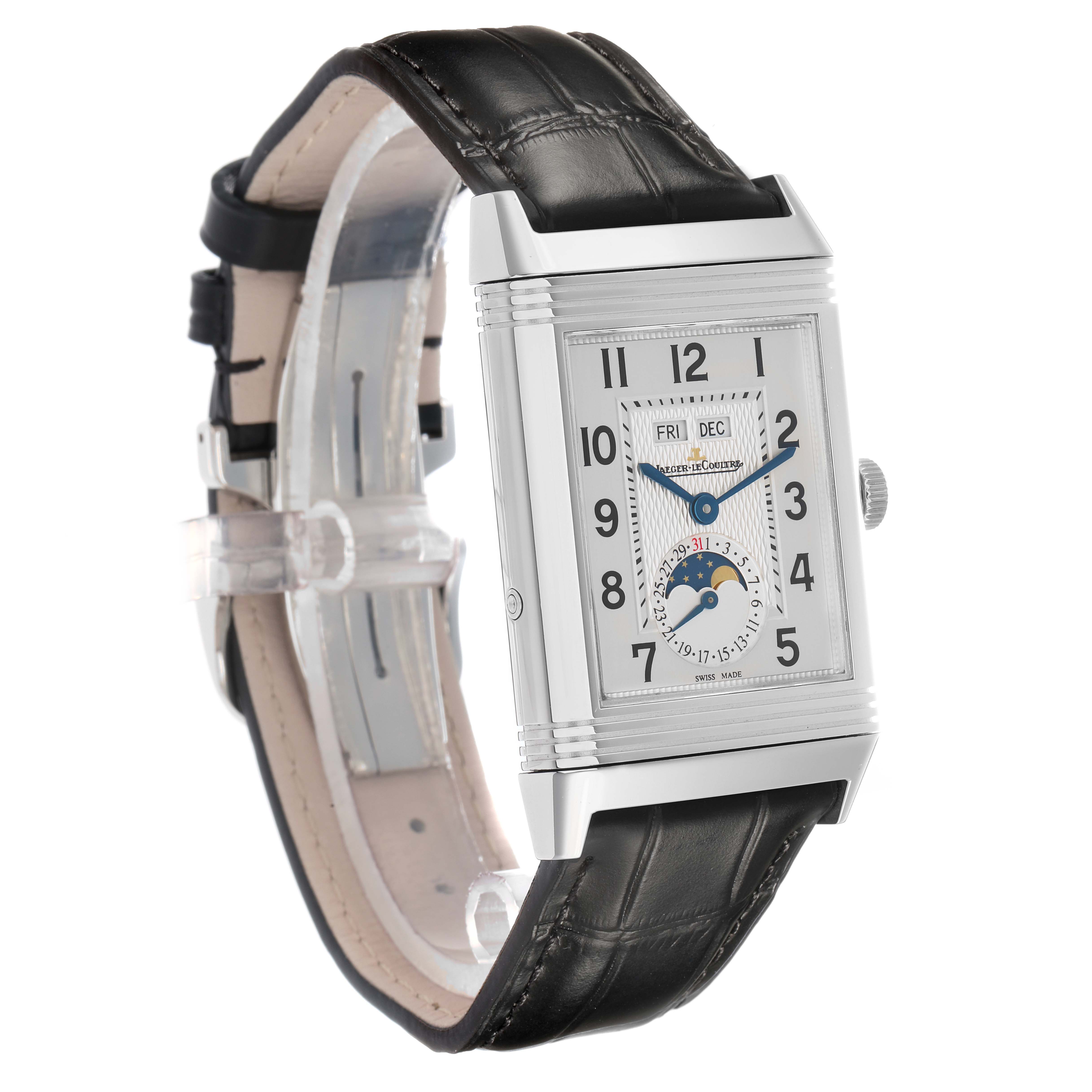 The Jaeger-LeCoultre Reverso watch is displayed at a three-quarter angle showing the dial, strap, and case details.