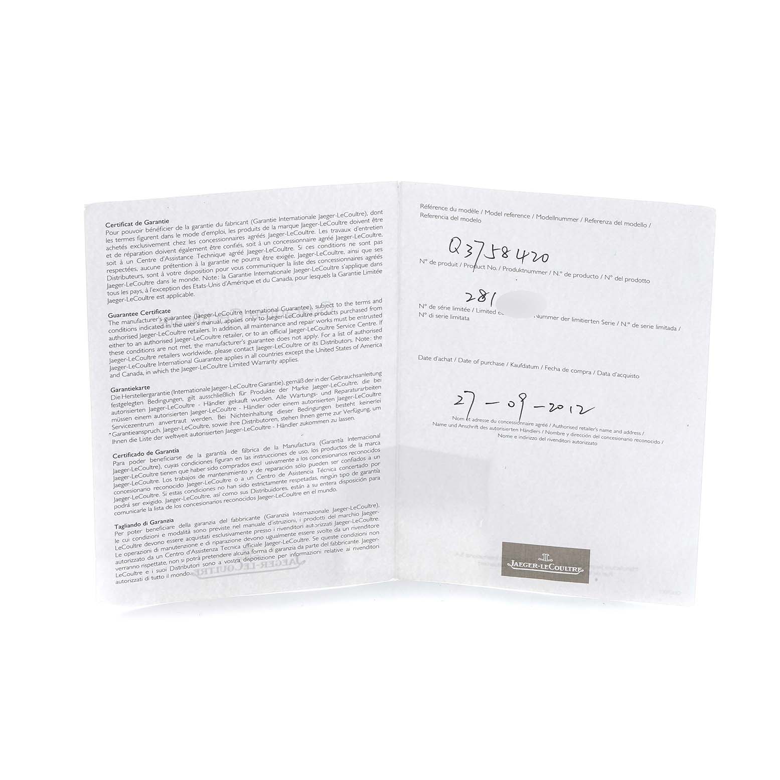 The image shows an open Jaeger LeCoultre Reverso Q3758420 Men
s Stainless Steel Silver Dial warranty booklet, displaying text and handwritten details.