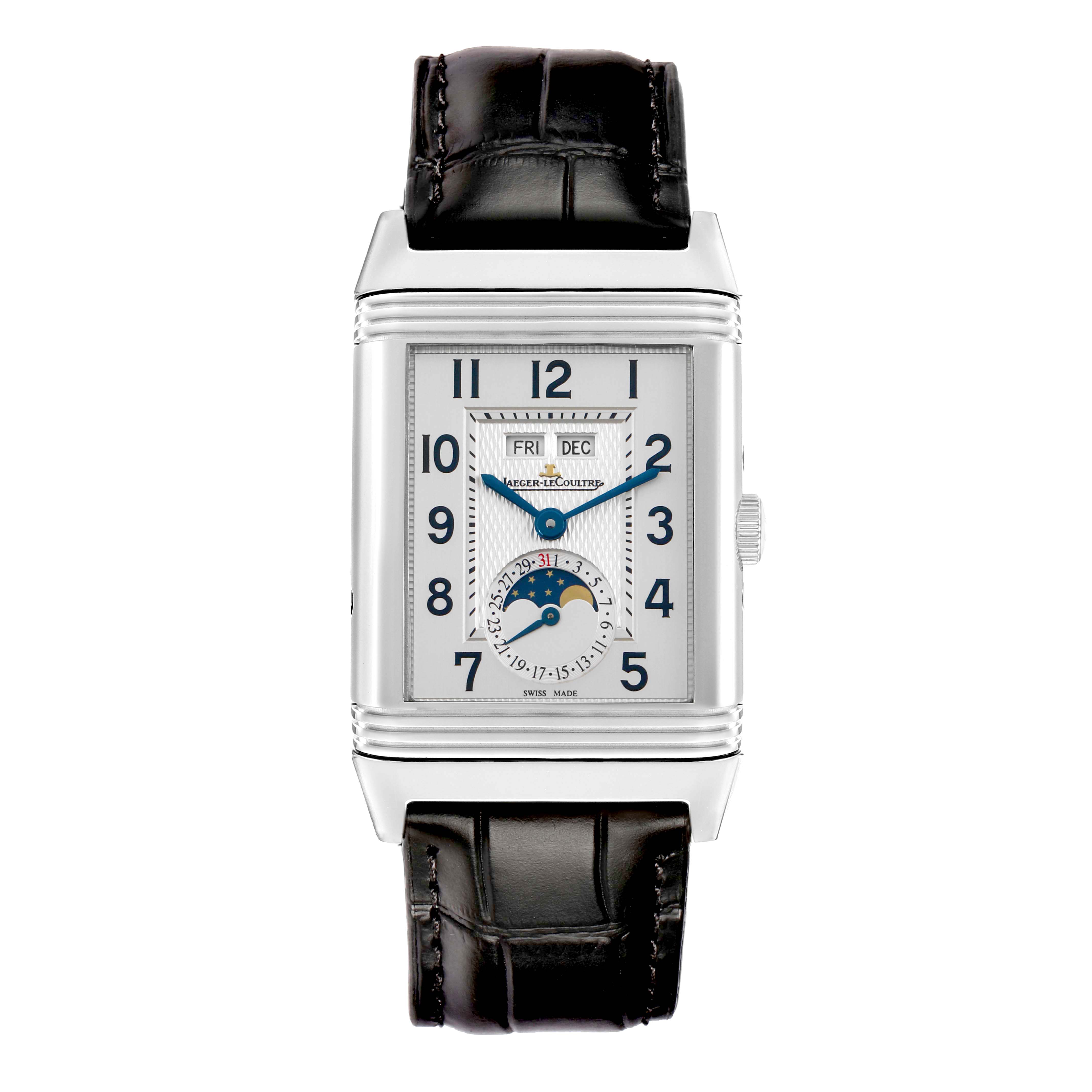The image shows a front view of the Jaeger LeCoultre Reverso Q3758420 Men
s Stainless Steel Silver Dial watch, highlighting the dial, day-date features, and leather strap.