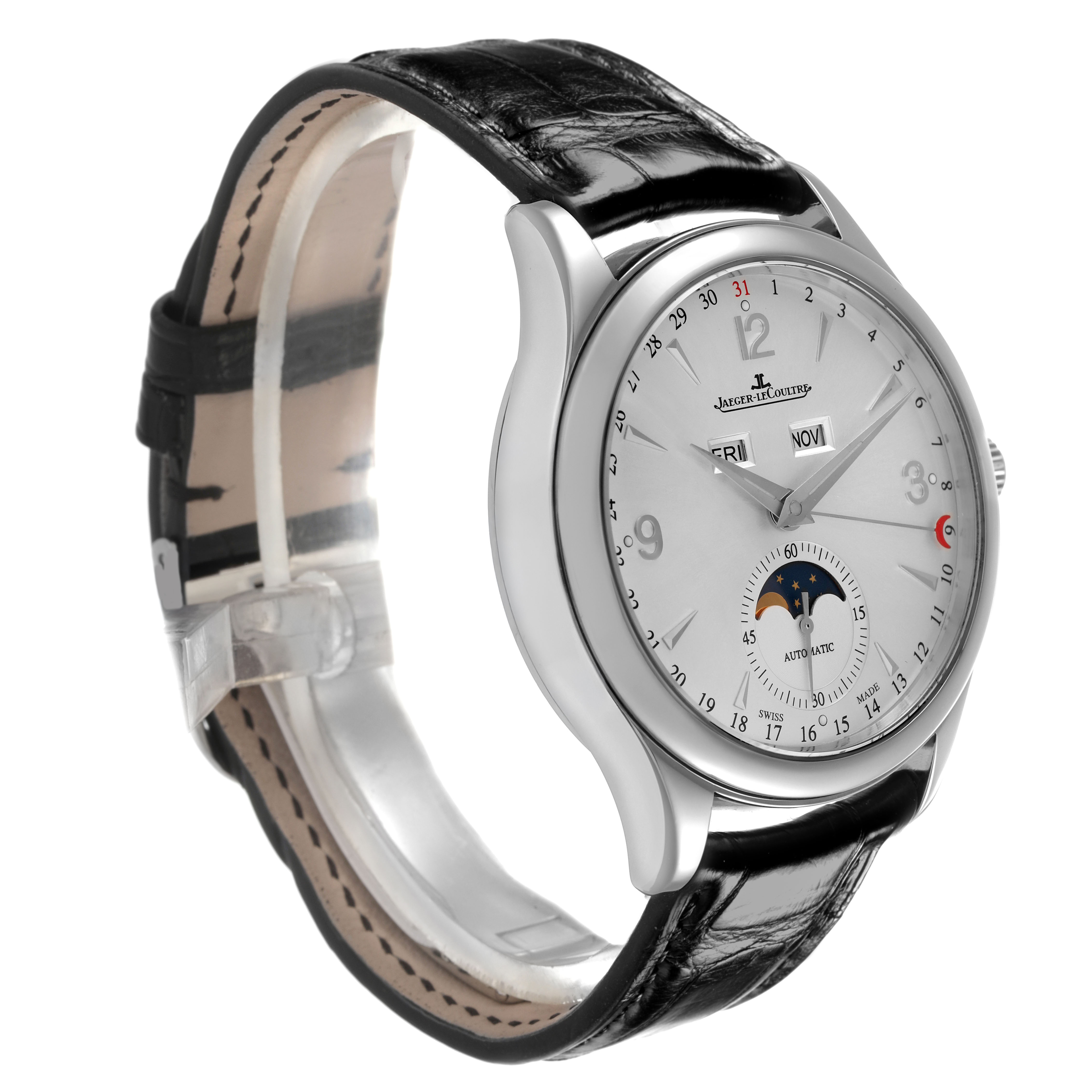 The Jaeger LeCoultre Master Q1558420 / 176.8.12.S Men's Stainless Steel Silver Dial watch is shown at a three-quarter angle, highlighting the dial, case, and strap.