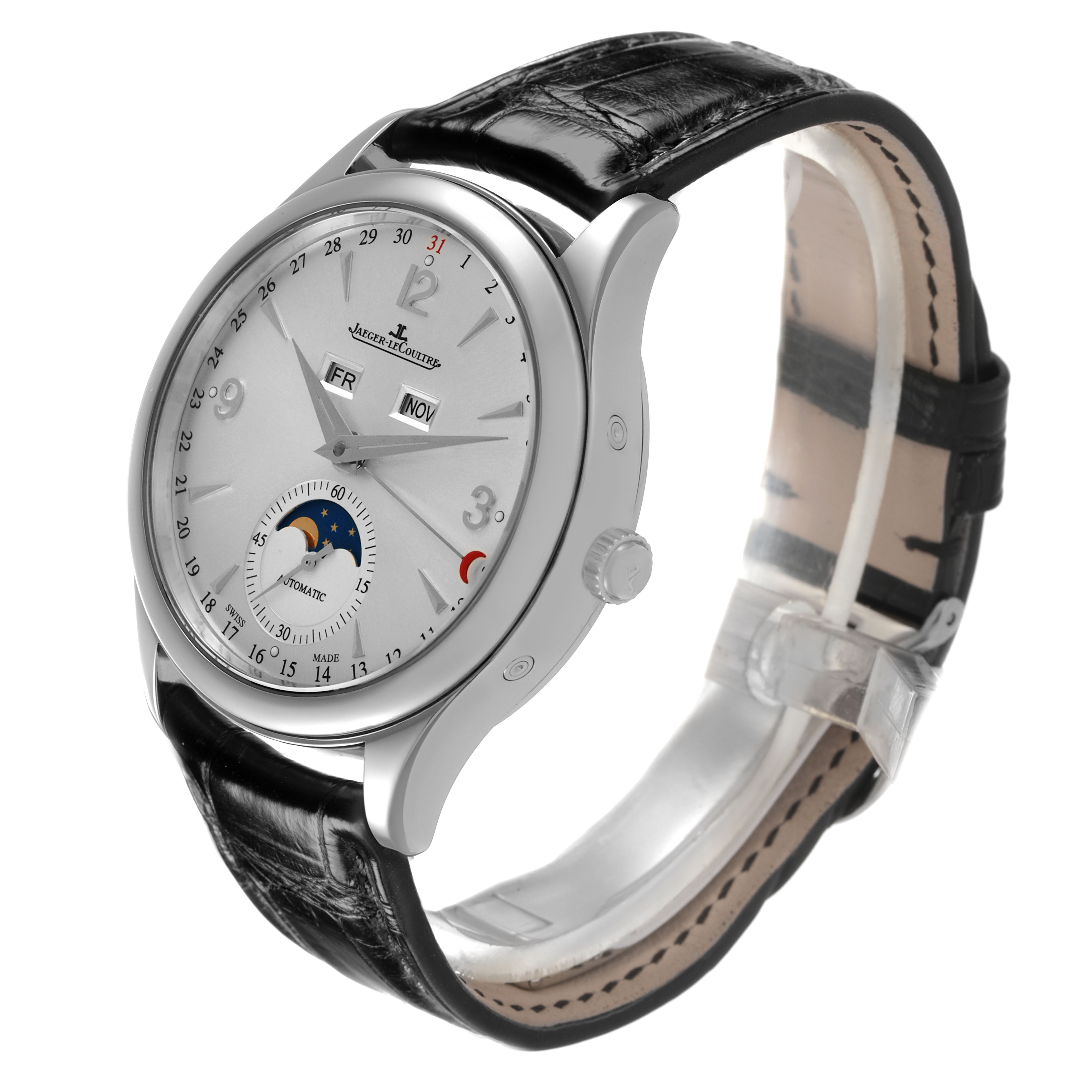 The Jaeger LeCoultre Master Q1558420 / 176.8.12.S Men's Stainless Steel Silver Dial model watch is shown at a three-quarter angle, displaying its face, crown, and black leather strap.