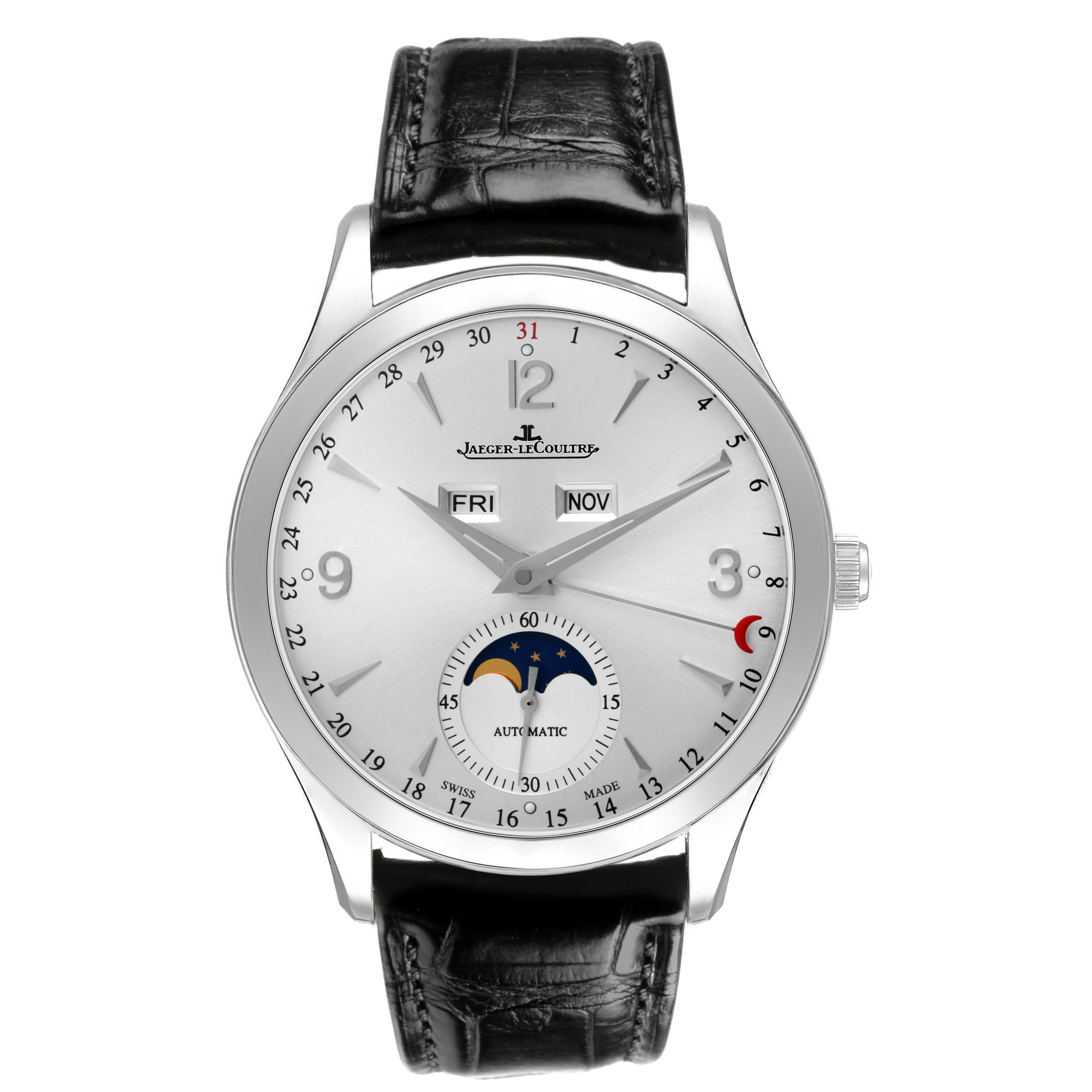 The Jaeger LeCoultre Master Q1558420 / 176.8.12.S Men's Stainless Steel Silver Dial watch is shown from a front angle, highlighting its dial, moon phase, and date indicators.