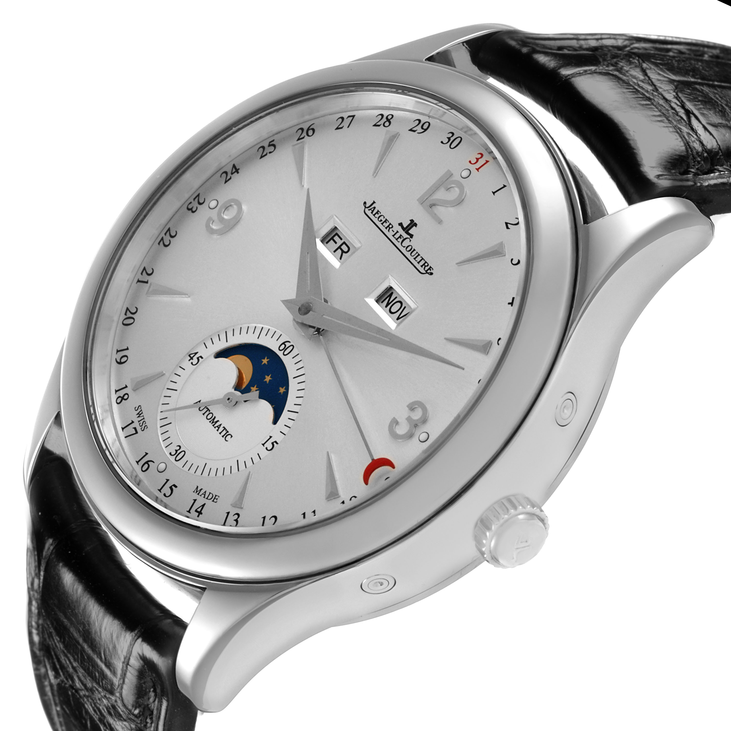 The image shows a Jaeger-LeCoultre Master watch at an angled view, displaying the dial, moonphase, calendar, case, and crown.