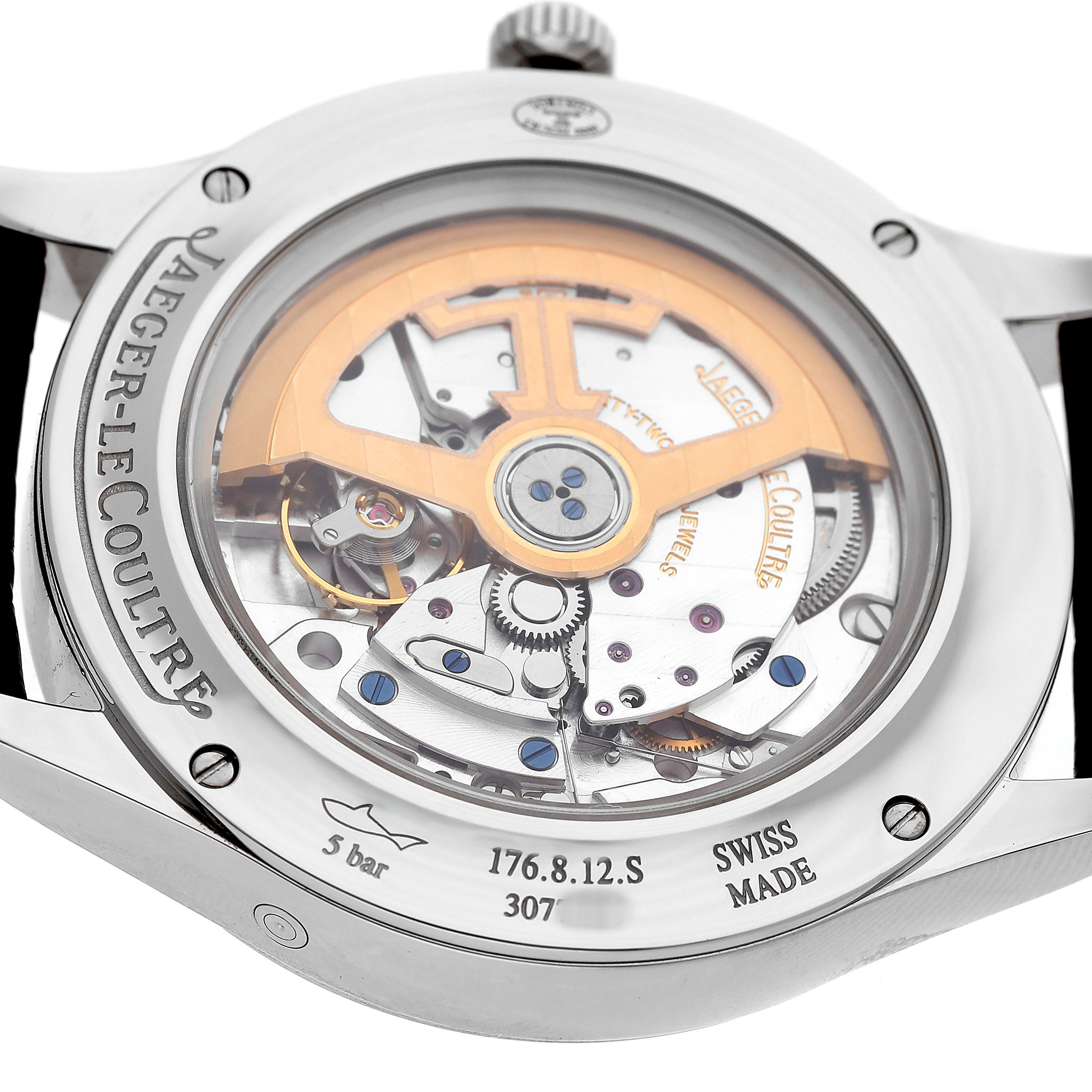 The image shows the back view of a Jaeger-LeCoultre Master, revealing its intricate movement and rotor.