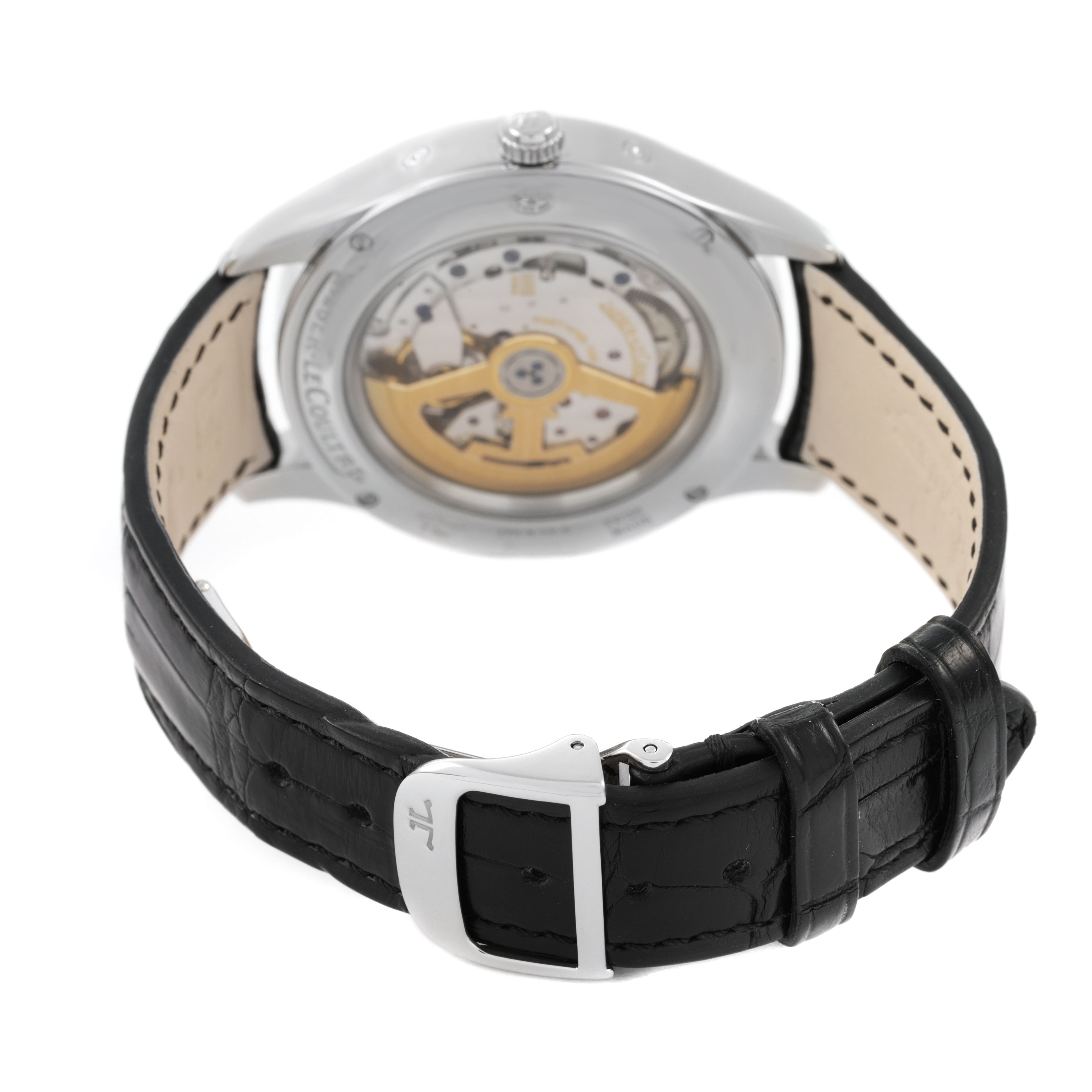 The Jaeger LeCoultre Master Q1558420 / 176.8.12.S Men's Stainless Steel Silver Dial watch is shown from the back, displaying its movement and black leather strap with buckle.