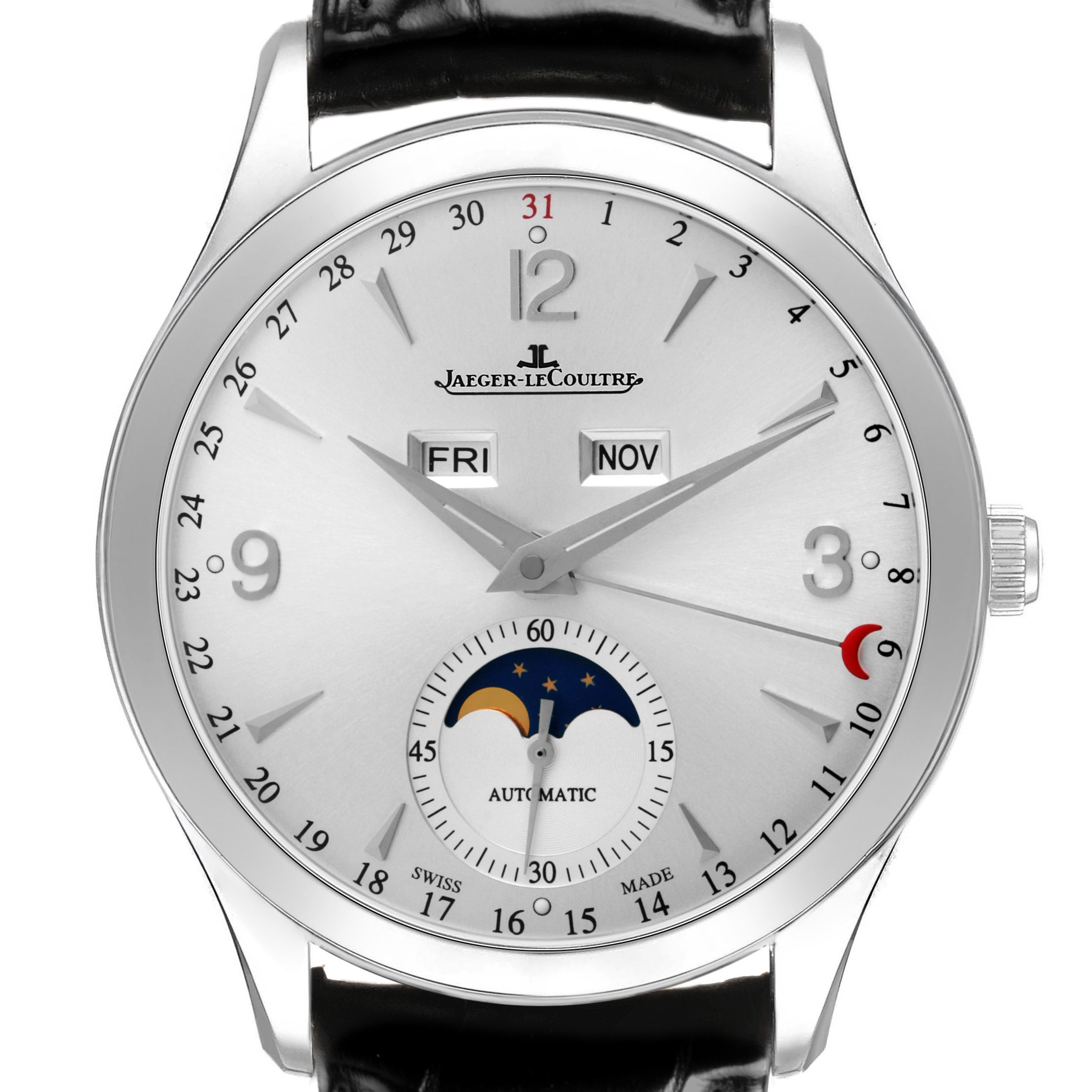 The Jaeger-LeCoultre Master watch is shown from the front, displaying the dial, date, day, month, and moon phase features.