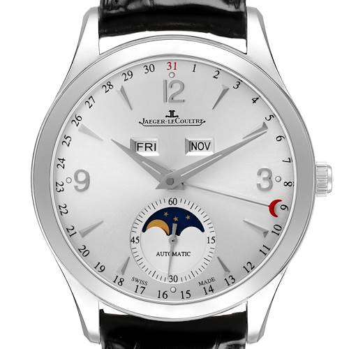 The Jaeger LeCoultre Master Q1558420 / 176.8.12.S Men's Stainless Steel Silver Dial model watch is shown from the front, displaying the dial, day/date indicators, and moon phase subdial.