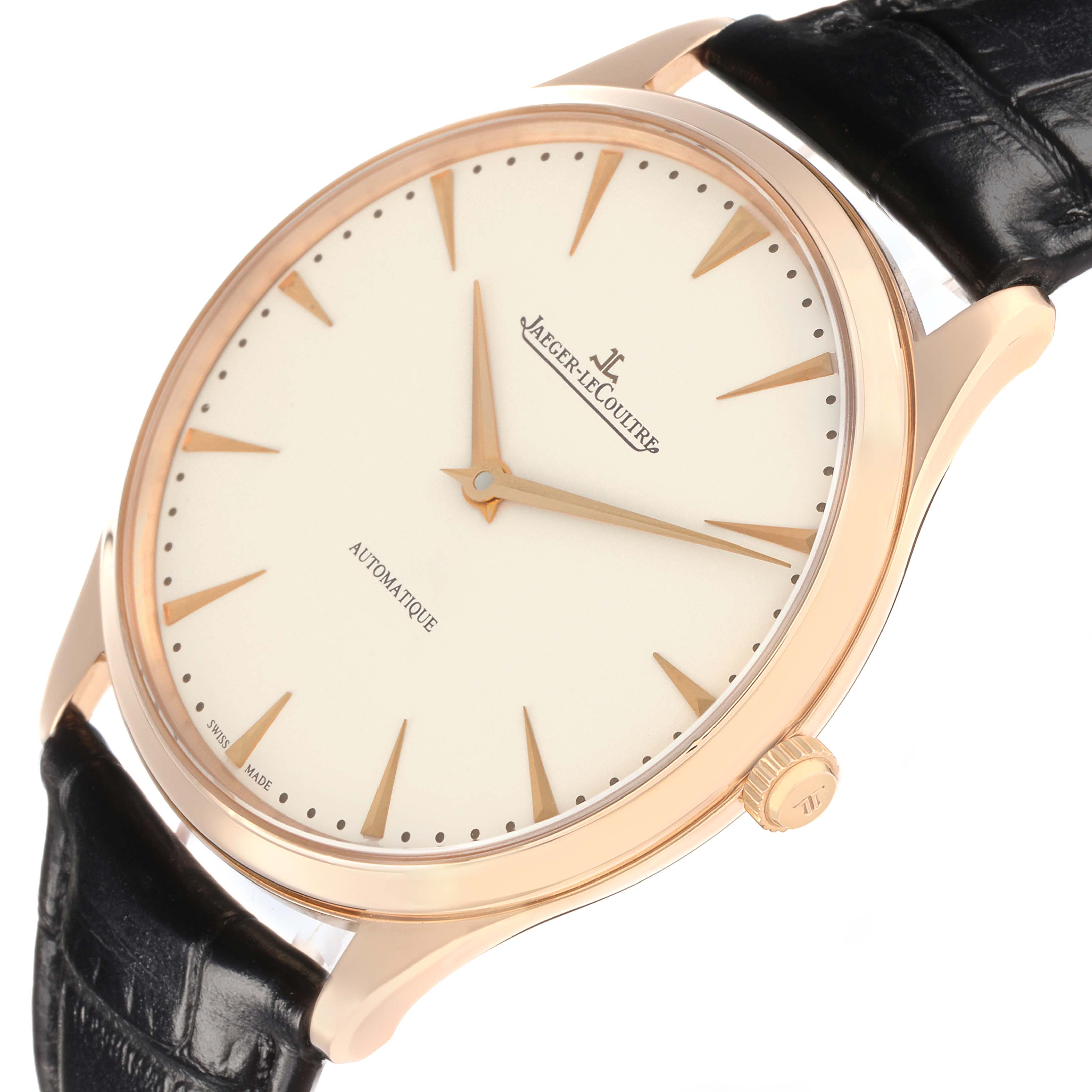 The image shows a Jaeger-LeCoultre Master watch at a slight angle, displaying the dial, case, and crown with a leather strap.