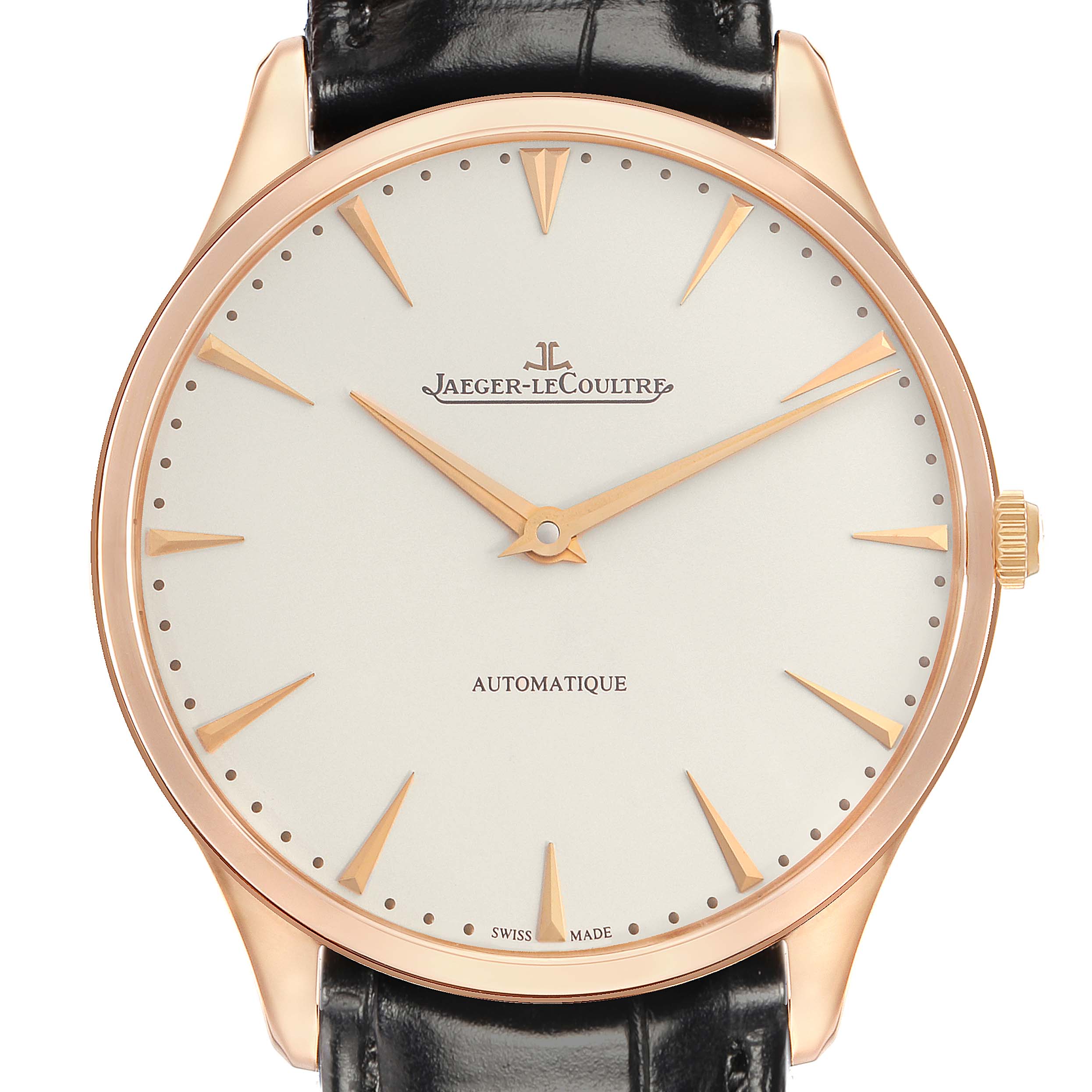 The Jaeger-LeCoultre Master watch is shown from the front, highlighting its dial, case, and leather strap.