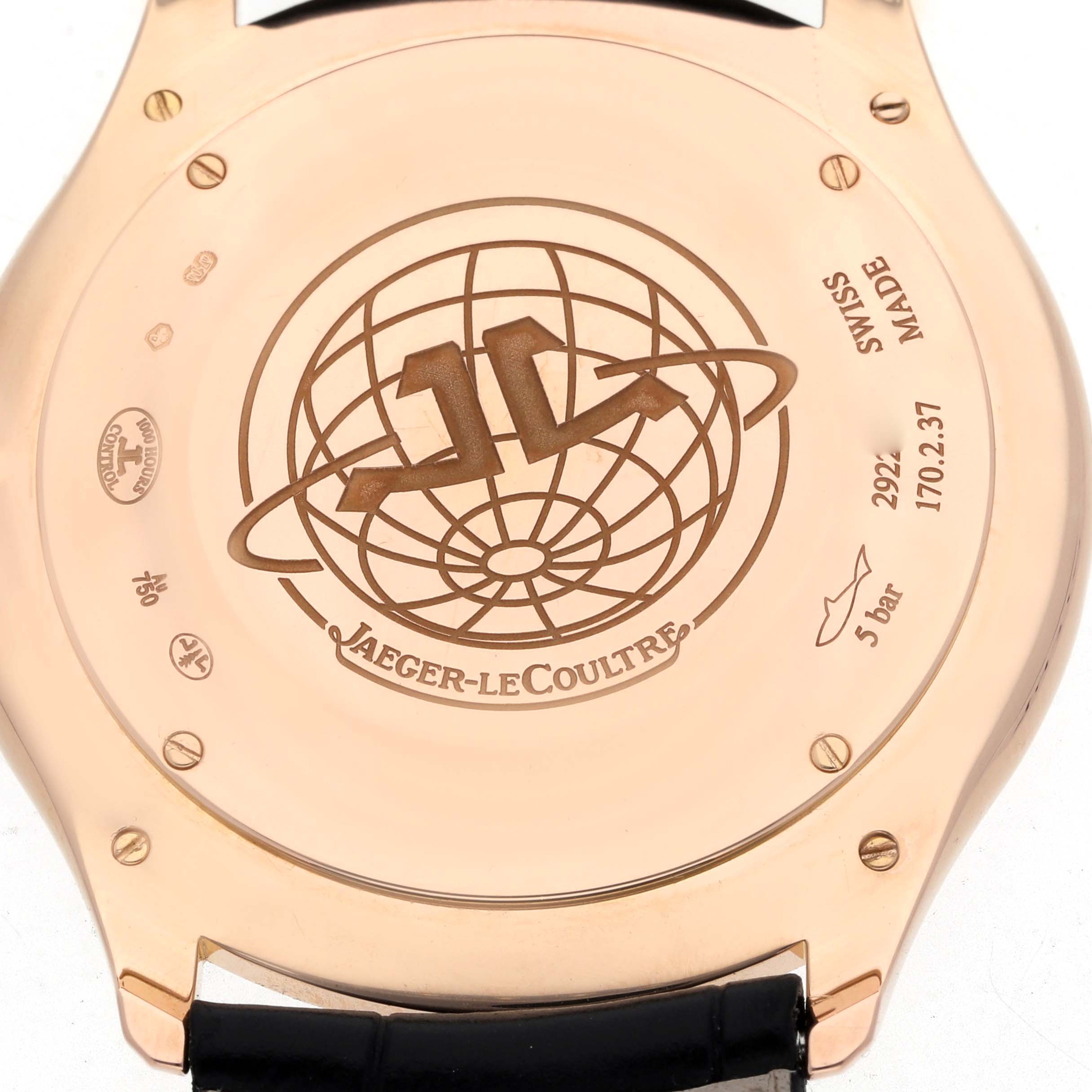 The image shows the case back of a Jaeger LeCoultre Master Q1332511 Men
s Rose Gold Beige Dial model, highlighting the engraved logo and text details.