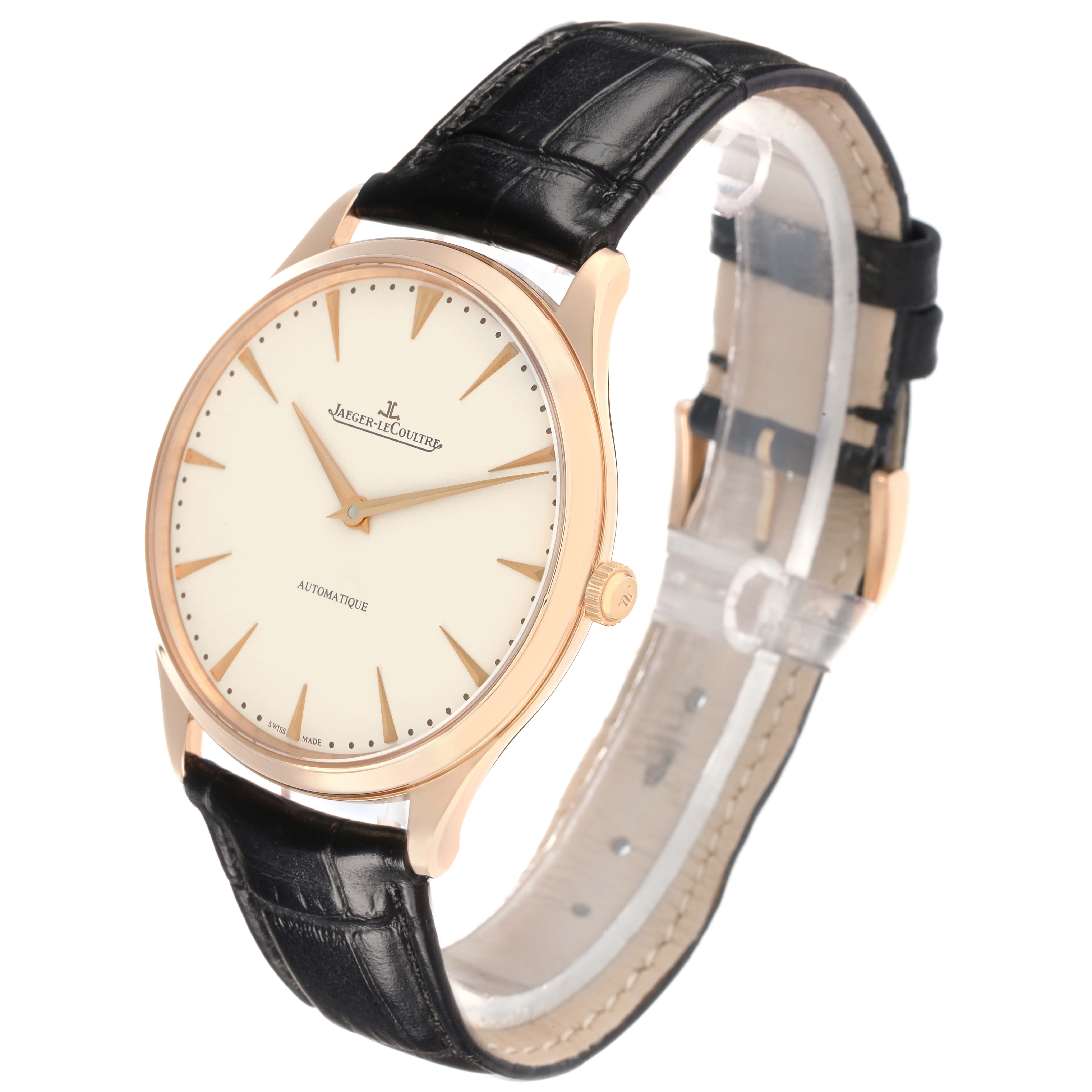 The Jaeger-LeCoultre Master watch is shown at a three-quarter angle, displaying the face, bezel, crown, and black leather strap.