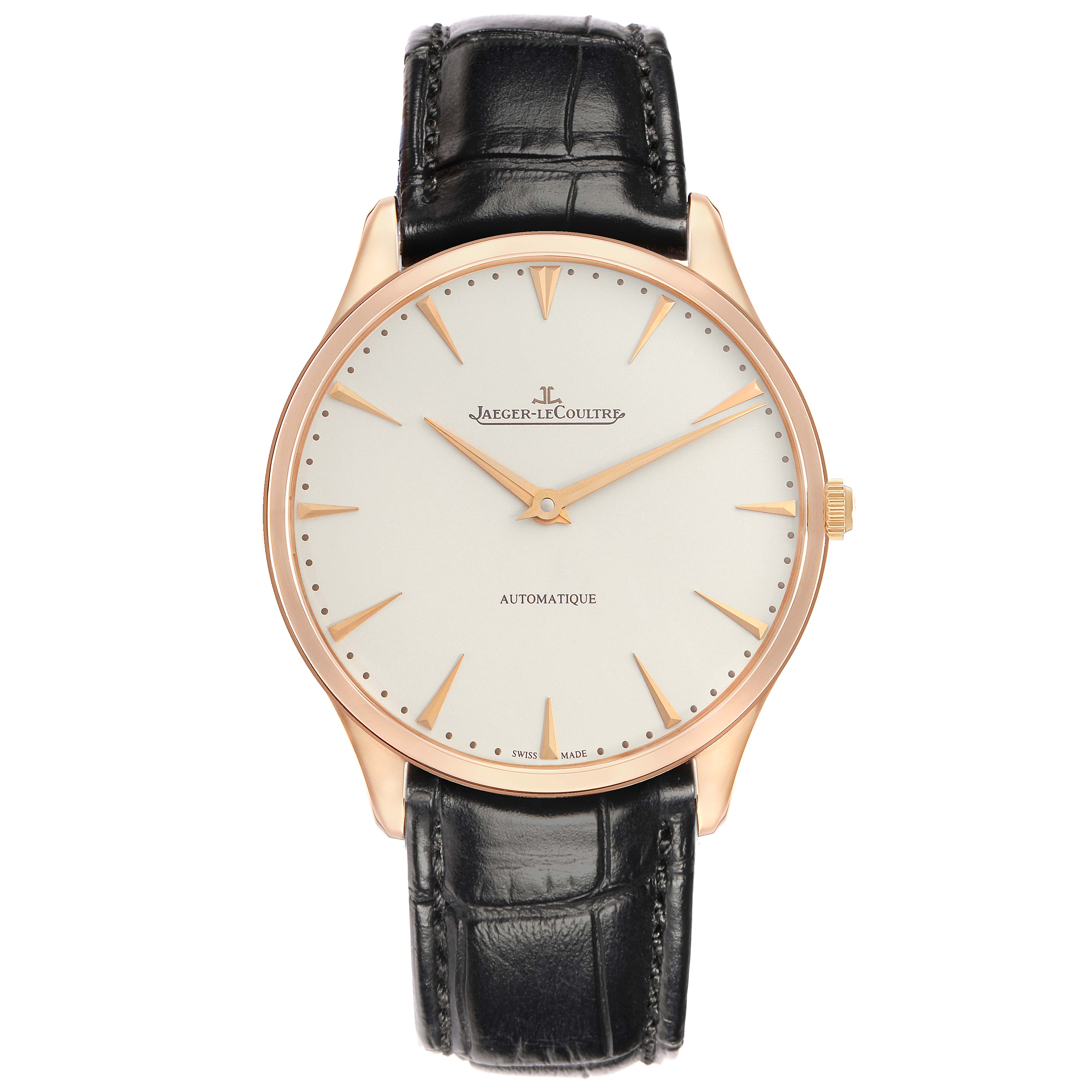 The Jaeger-LeCoultre Master watch is shown from the front, highlighting the face, case, hands, markers, and leather strap.