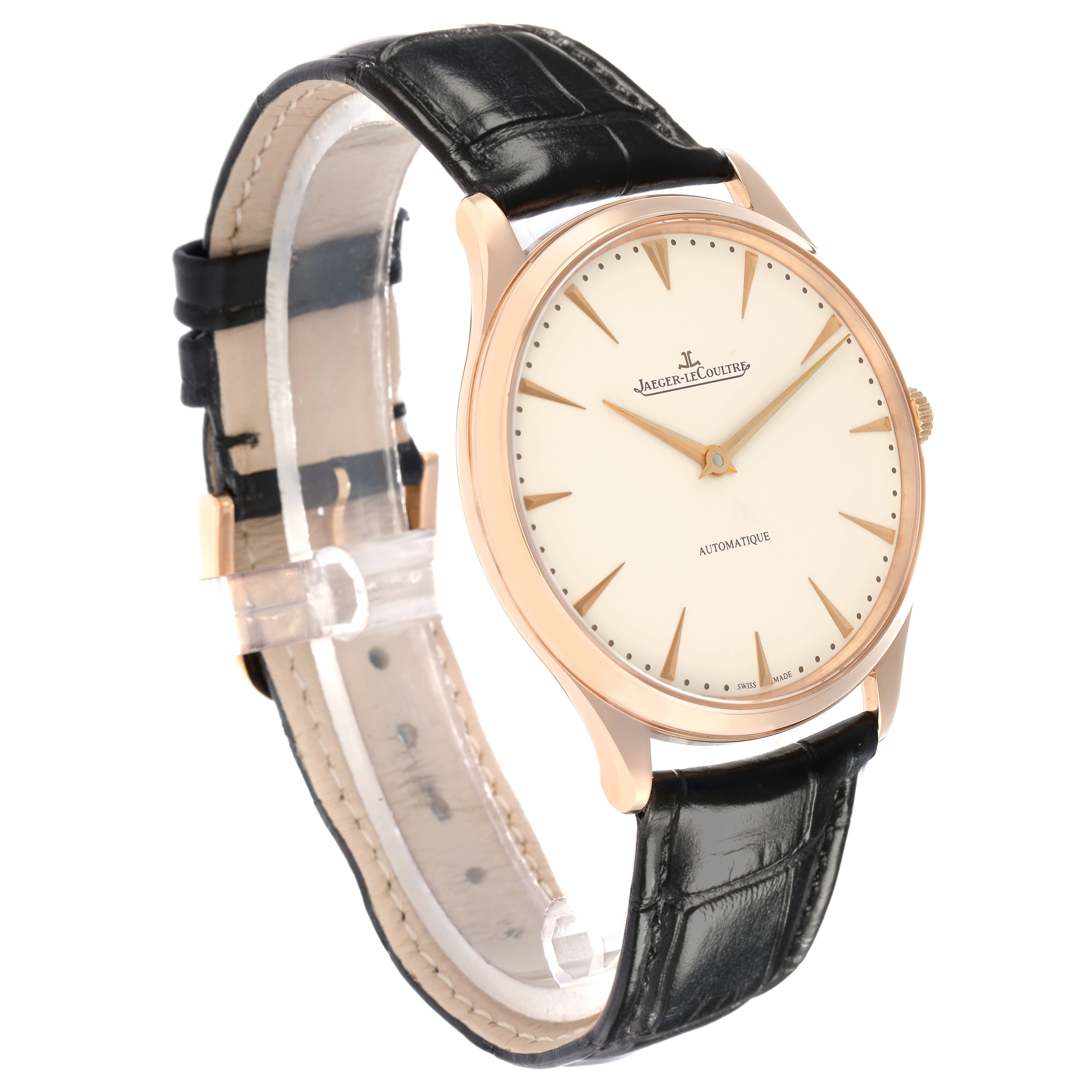The Jaeger LeCoultre Master Q1332511 Men
s Rose Gold Beige Dial watch is shown at a three-quarter angle, highlighting its face, bezel, crown, and black leather strap.