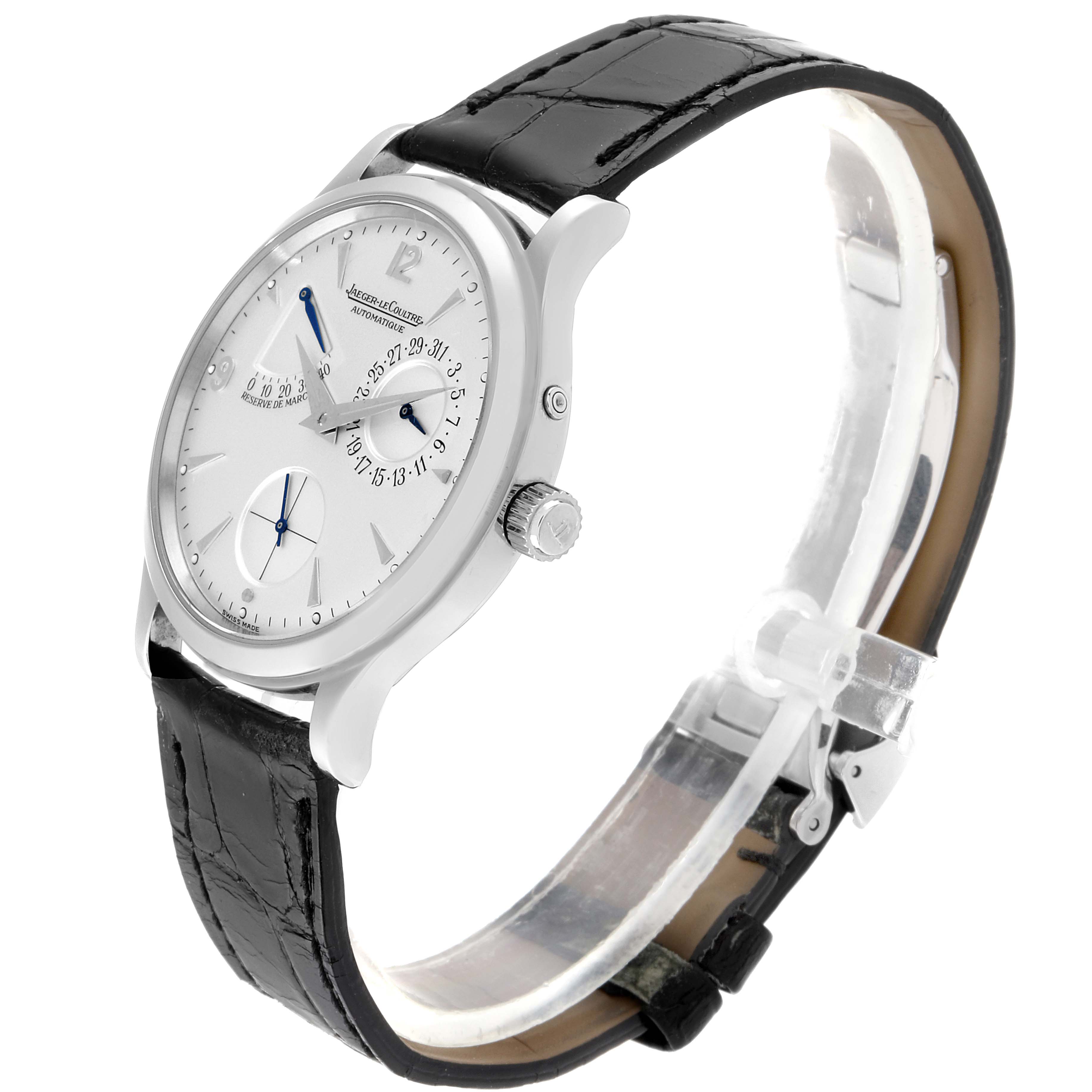 The Jaeger LeCoultre Master Q1488404 Men's Stainless Steel Silver Dial Q1488404 Men's Stainless Steel Silver Dial model watch is shown at a three-quarter angle, highlighting the dial, crown, and black leather strap.