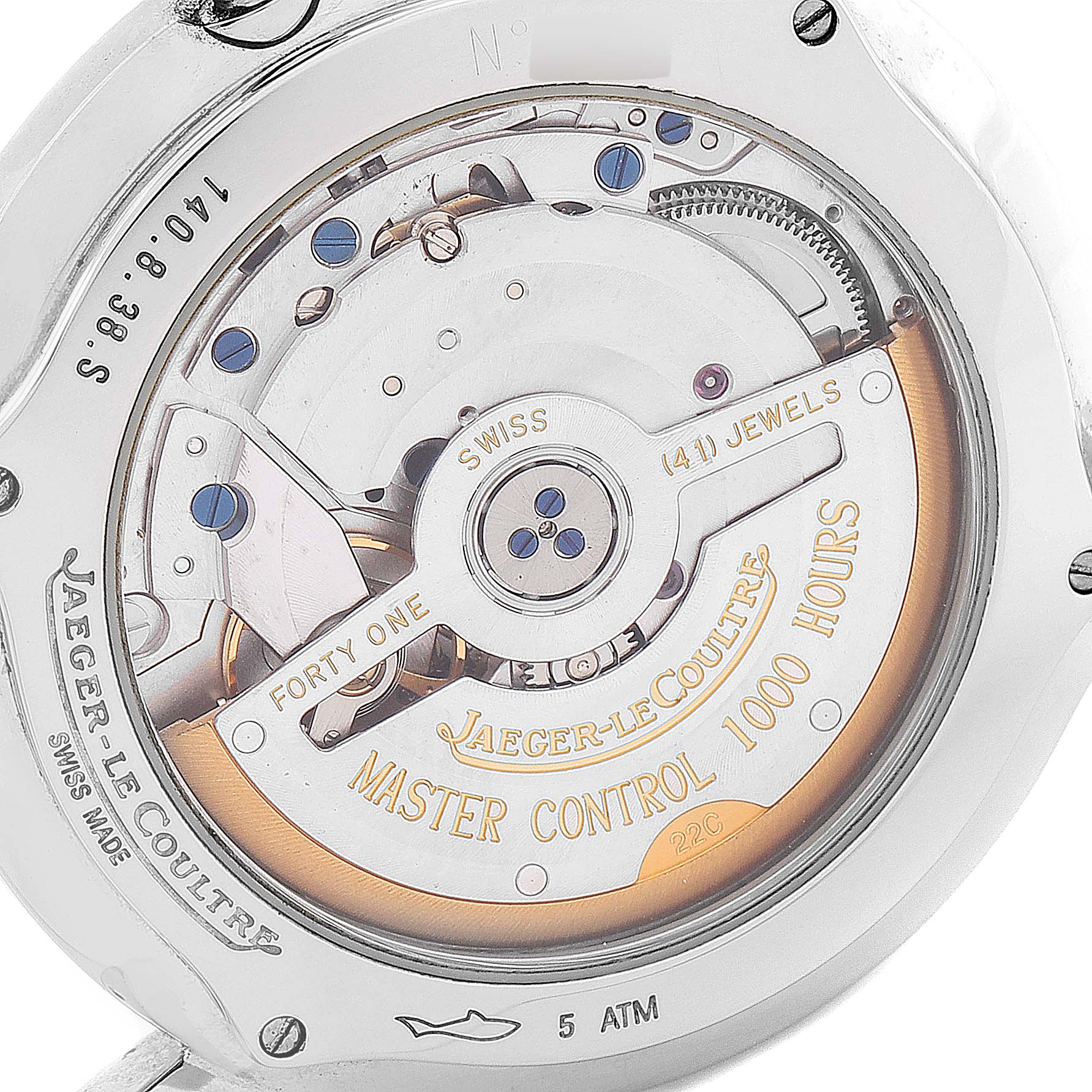 This image shows the back of a Jaeger-LeCoultre Master Control watch, highlighting its movement and internal mechanisms.