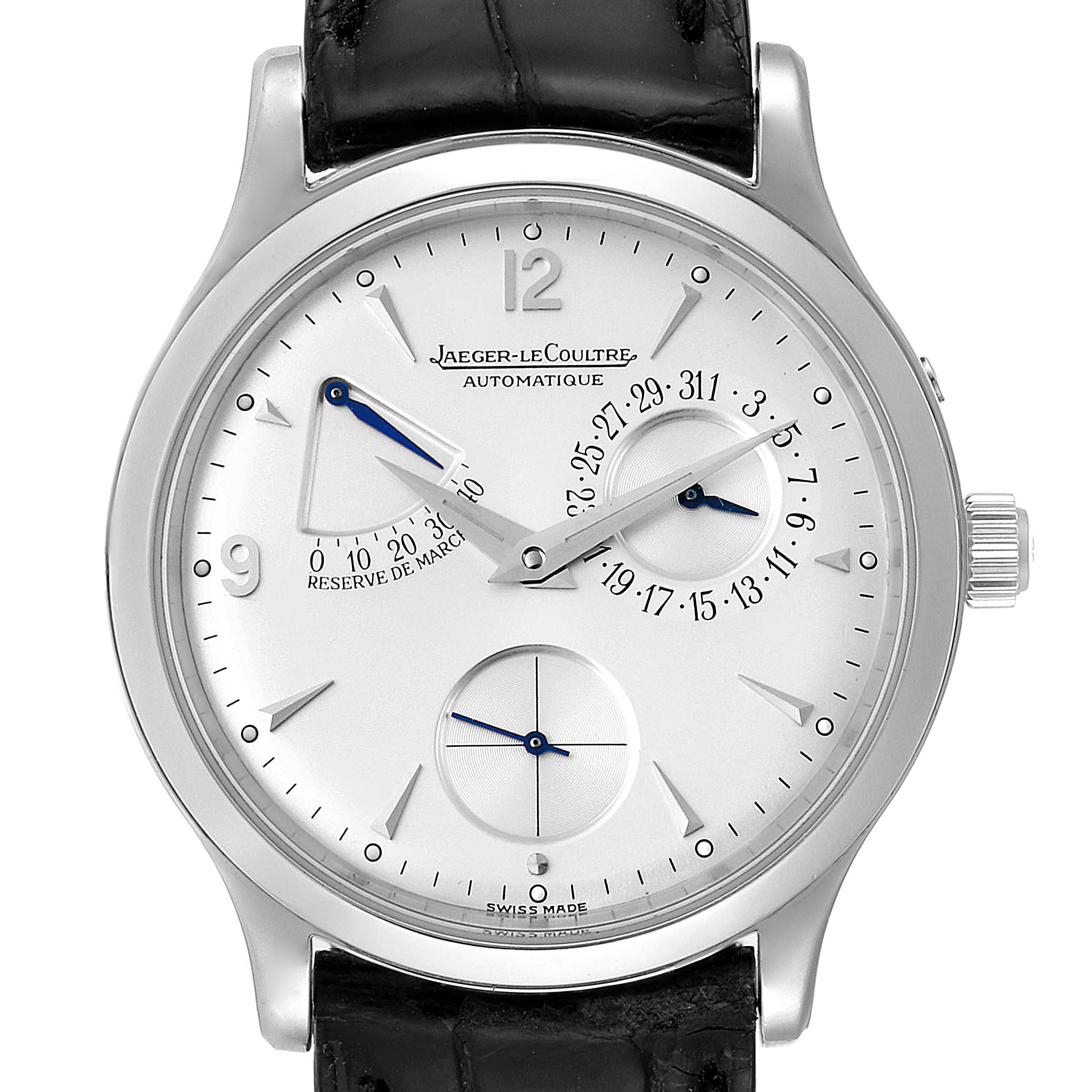 The image shows a frontal view of the Jaeger-LeCoultre Master model watch, including its dial, hands, and leather strap.