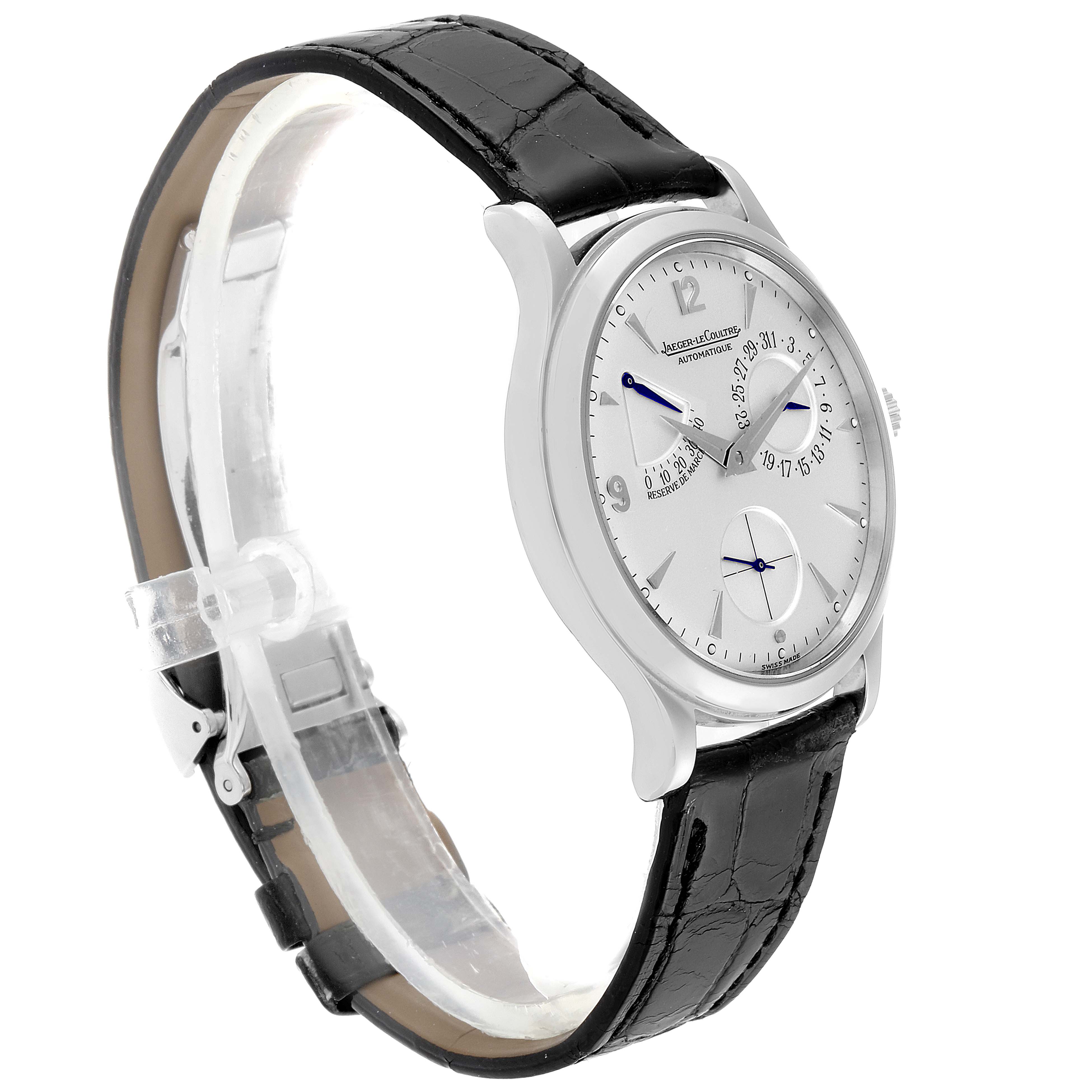 The Jaeger LeCoultre Master Q1488404 Men's Stainless Steel Silver Dial Q1488404 Men's Stainless Steel Silver Dial model watch is shown at a three-quarter angle, highlighting the face, case, and leather strap.