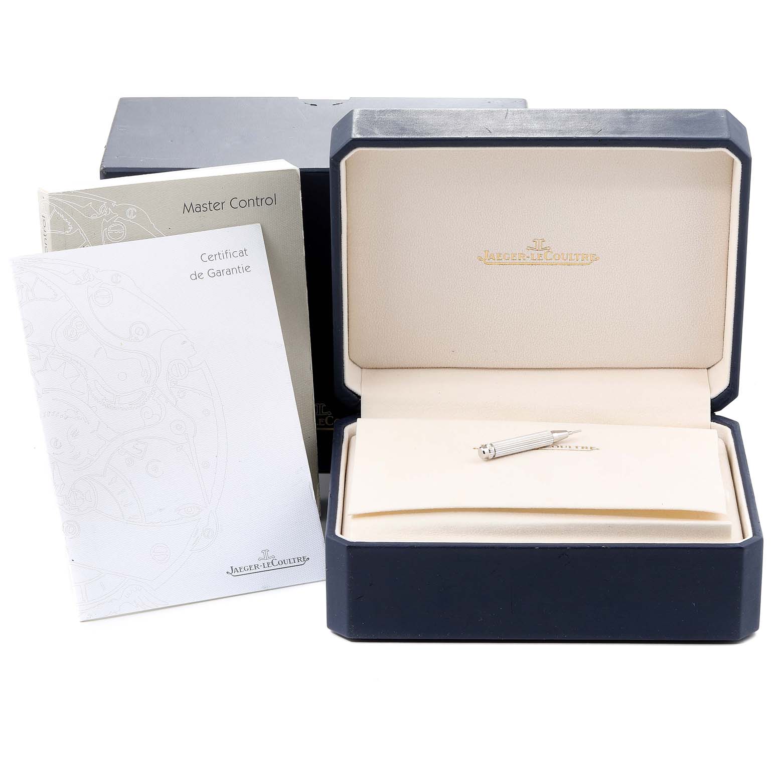 The image shows the Jaeger LeCoultre Master Q1488404 Men's Stainless Steel Silver Dial Q1488404 Men's Stainless Steel Silver Dial model packaging, warranty booklets, and a tool, viewed from the front.
