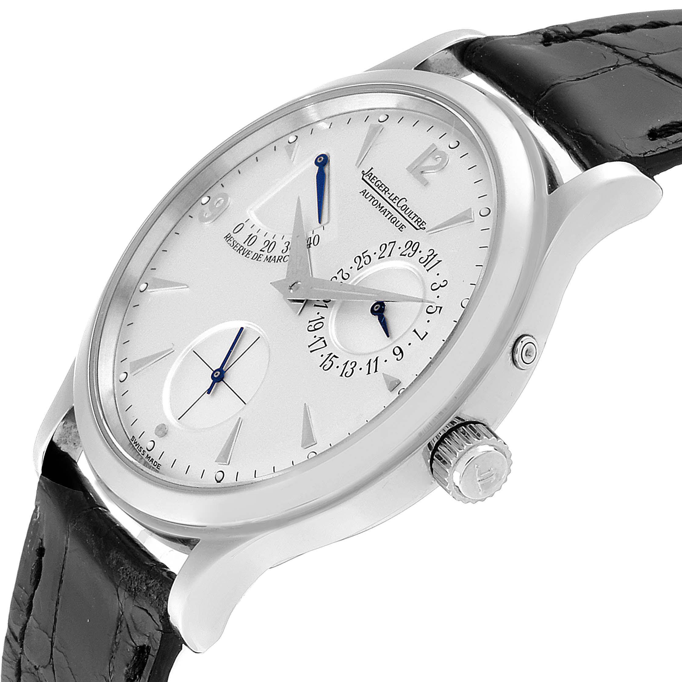 This Jaeger LeCoultre Master Q1488404 Men's Stainless Steel Silver Dial Q1488404 Men's Stainless Steel Silver Dial model watch is shown at an oblique angle, displaying the dial, crown, and part of the leather strap.