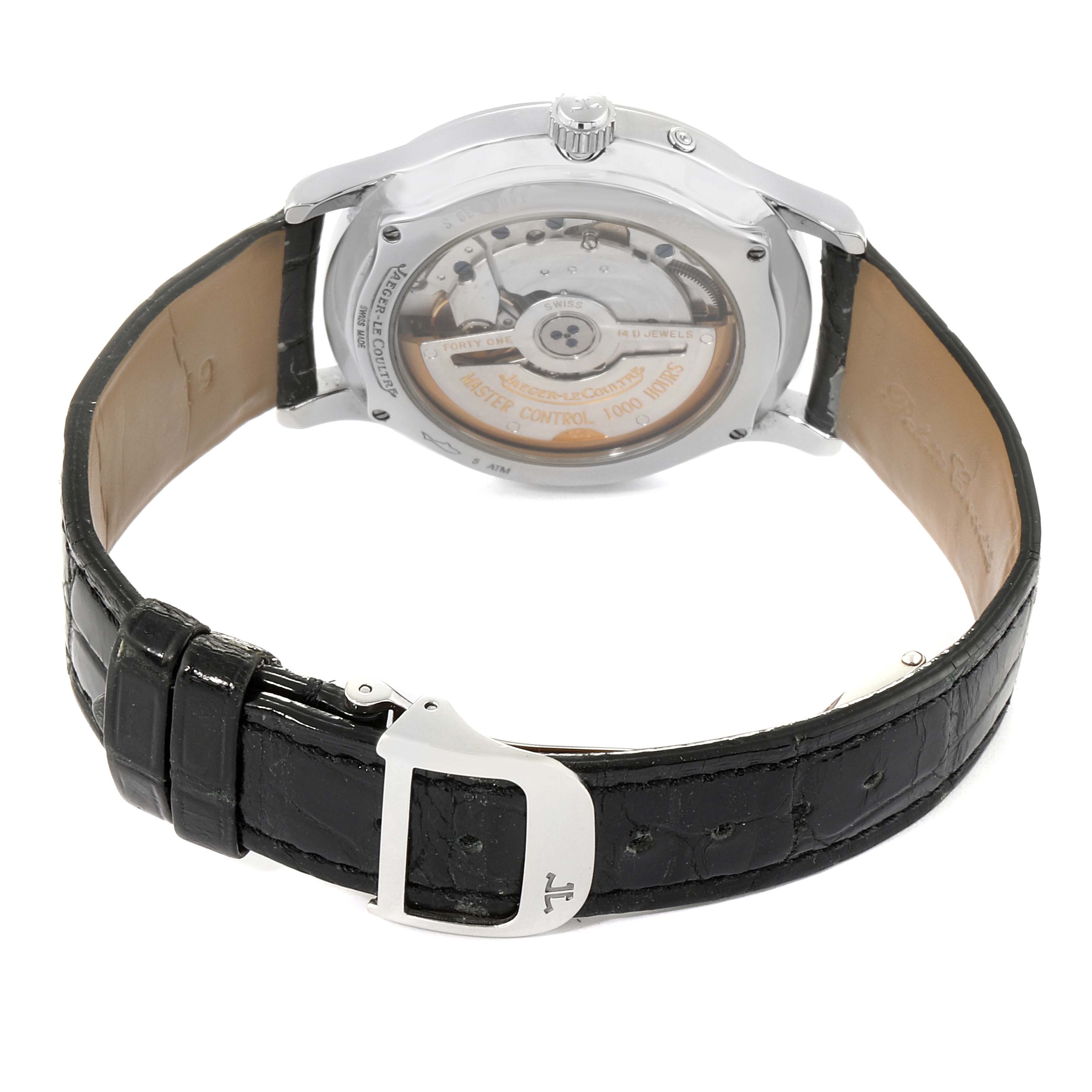 This image shows the back view of a Jaeger-LeCoultre Master model watch, with its black leather strap and visible rotor.