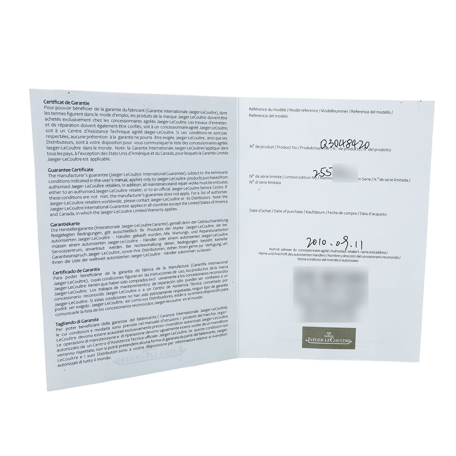 The image shows an open guarantee certificate booklet for a Jaeger LeCoultre Reverso 240.8.27/Q3048420 Men's Stainless Steel Silver Dial watch.