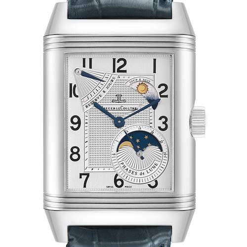 The Jaeger-LeCoultre Reverso model is shown from the front, displaying the face, dials, and moon phase features.