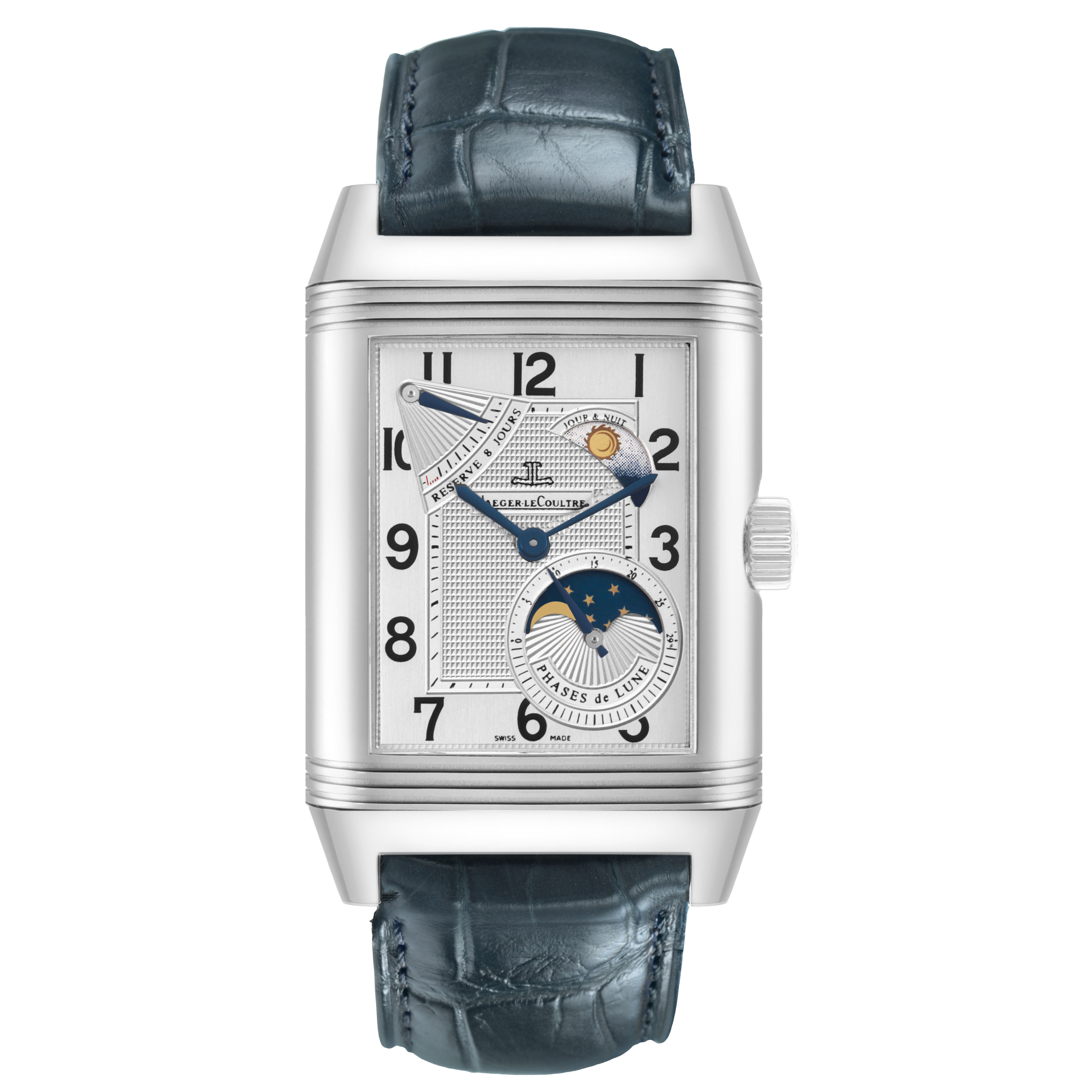 The Jaeger-LeCoultre Reverso watch is shown from the front, displaying its silver dial, blue hands, and moon phase subdial.