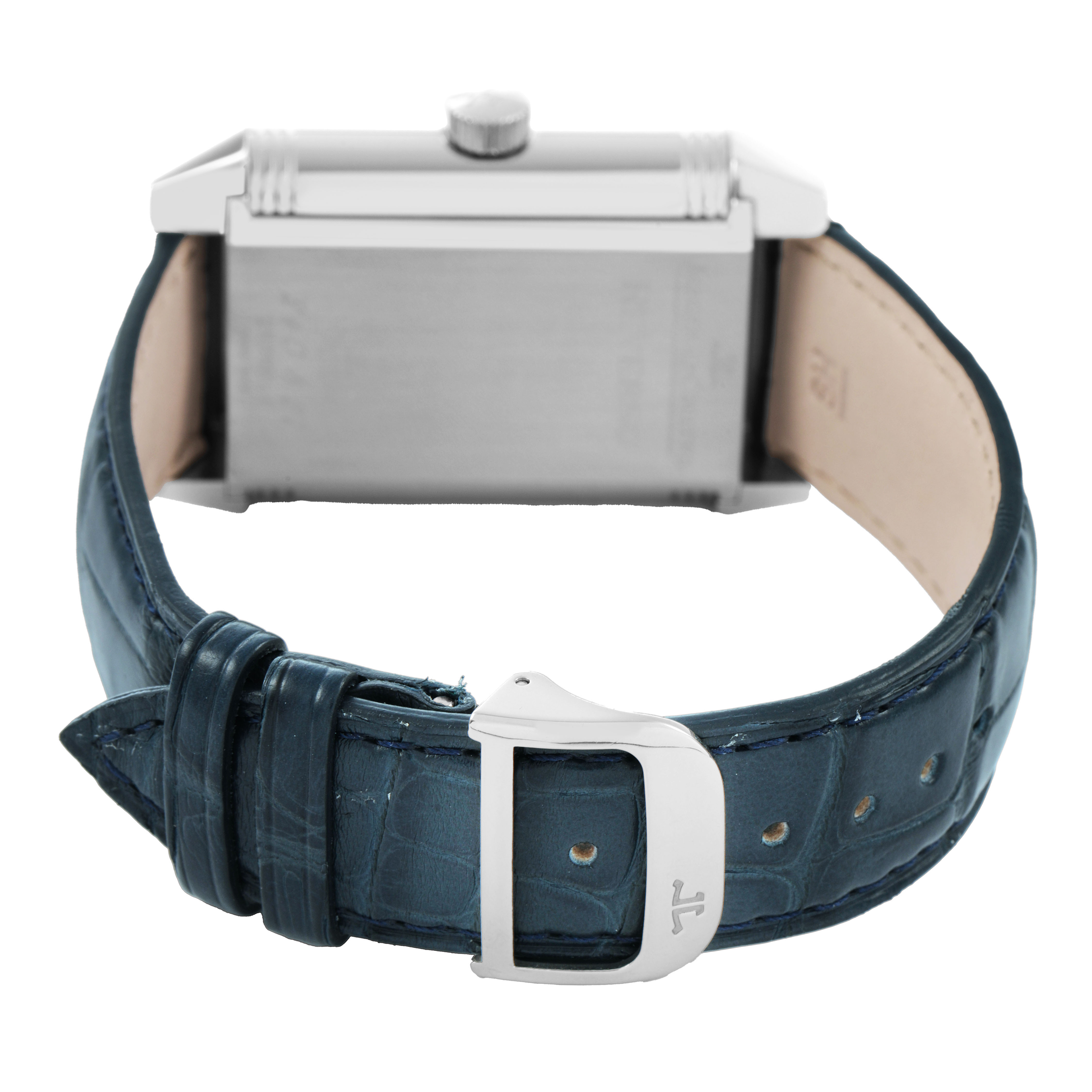The image shows the back of a Jaeger LeCoultre Reverso 240.8.27/Q3048420 Men's Stainless Steel Silver Dial watch and its blue leather strap with a buckle.