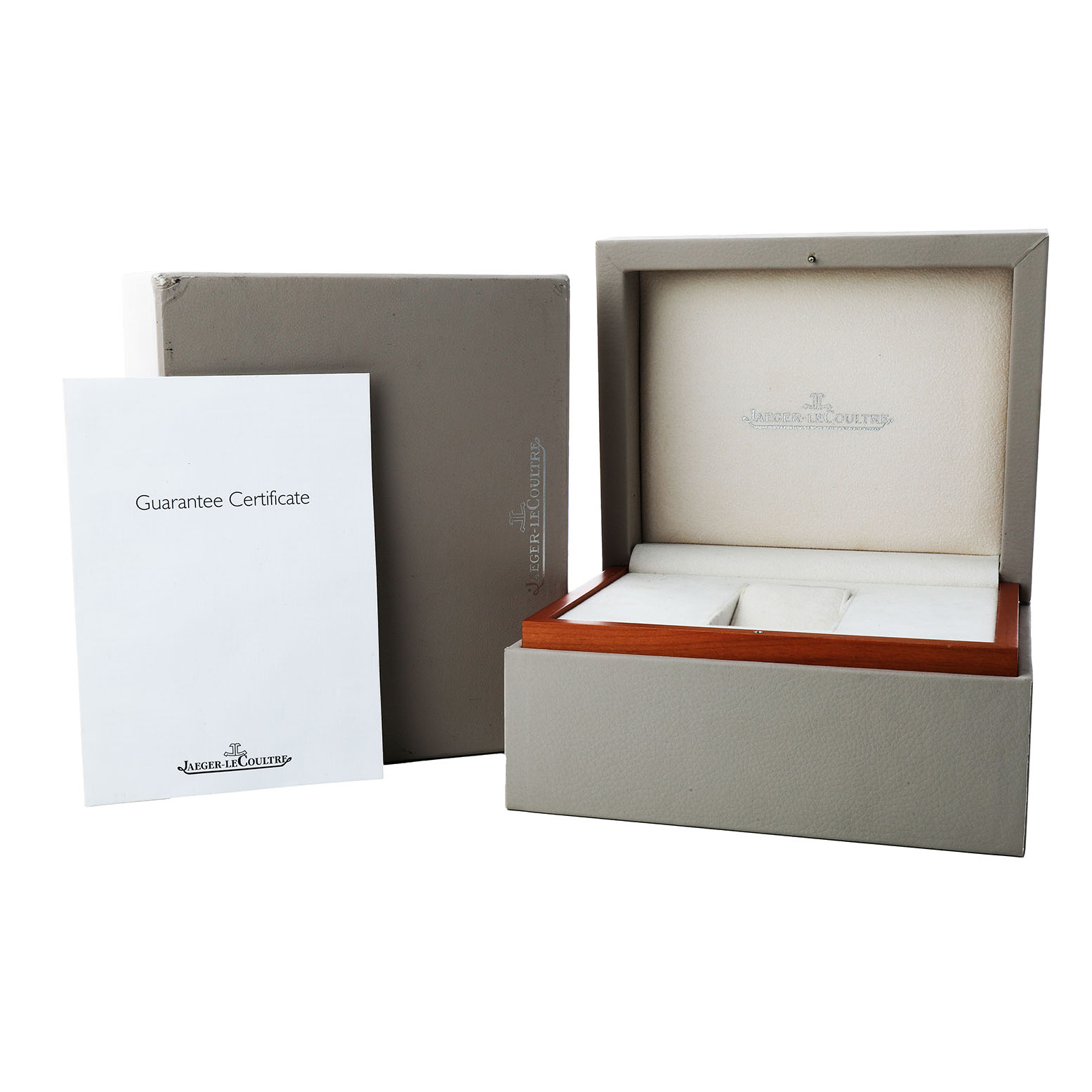 The image shows the Jaeger LeCoultre Reverso 240.8.27/Q3048420 Men's Stainless Steel Silver Dial box, guarantee certificate, and packaging, viewed from the front.