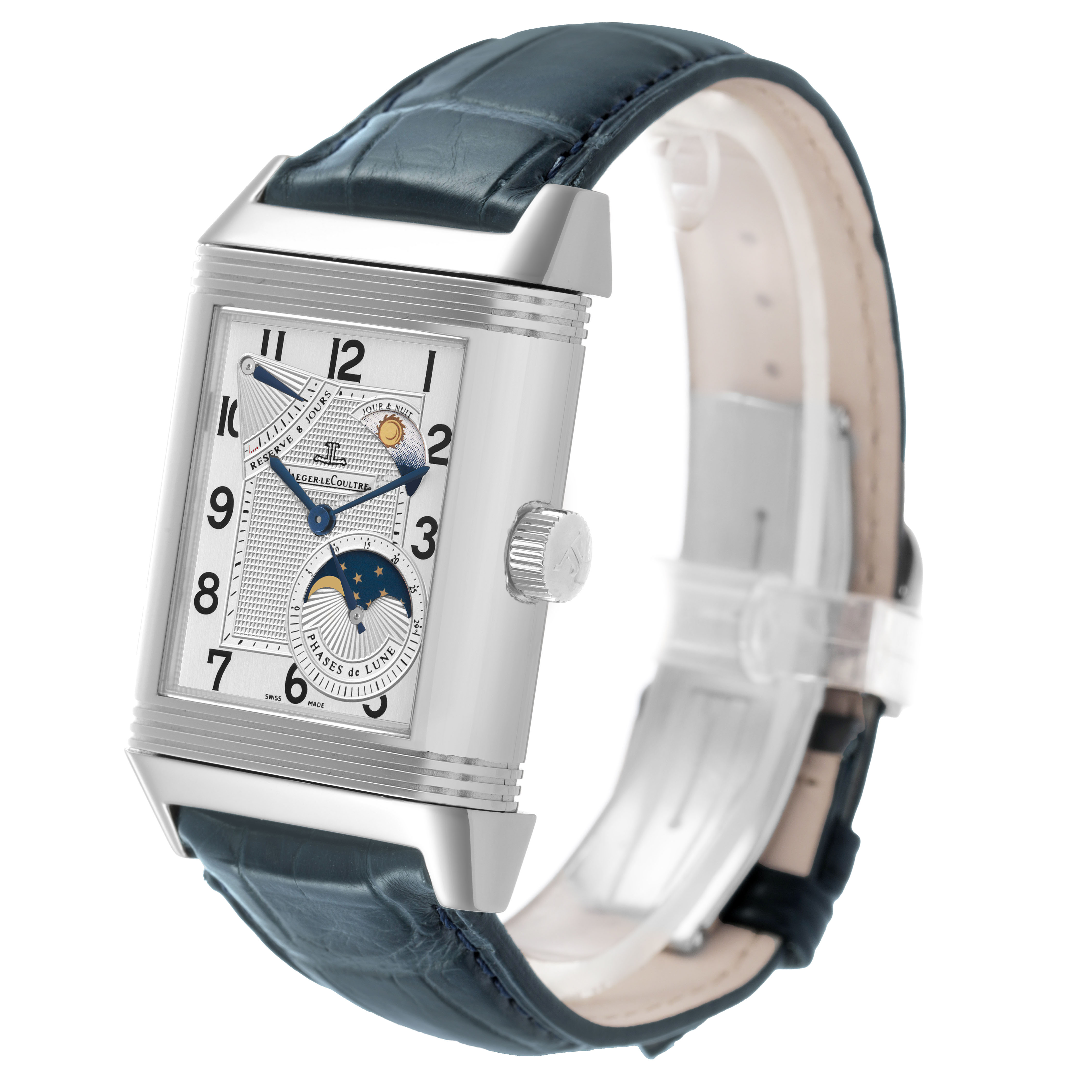 The Jaeger-LeCoultre Reverso watch is shown at a three-quarter angle, highlighting the dial, crown, and leather strap.